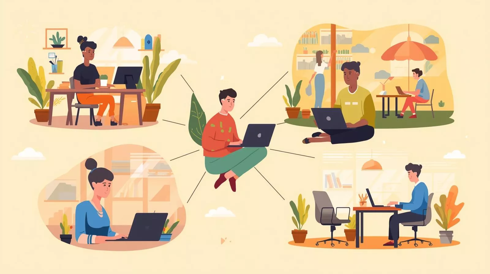 Remote professionals working flexibly from home and outdoor spaces.