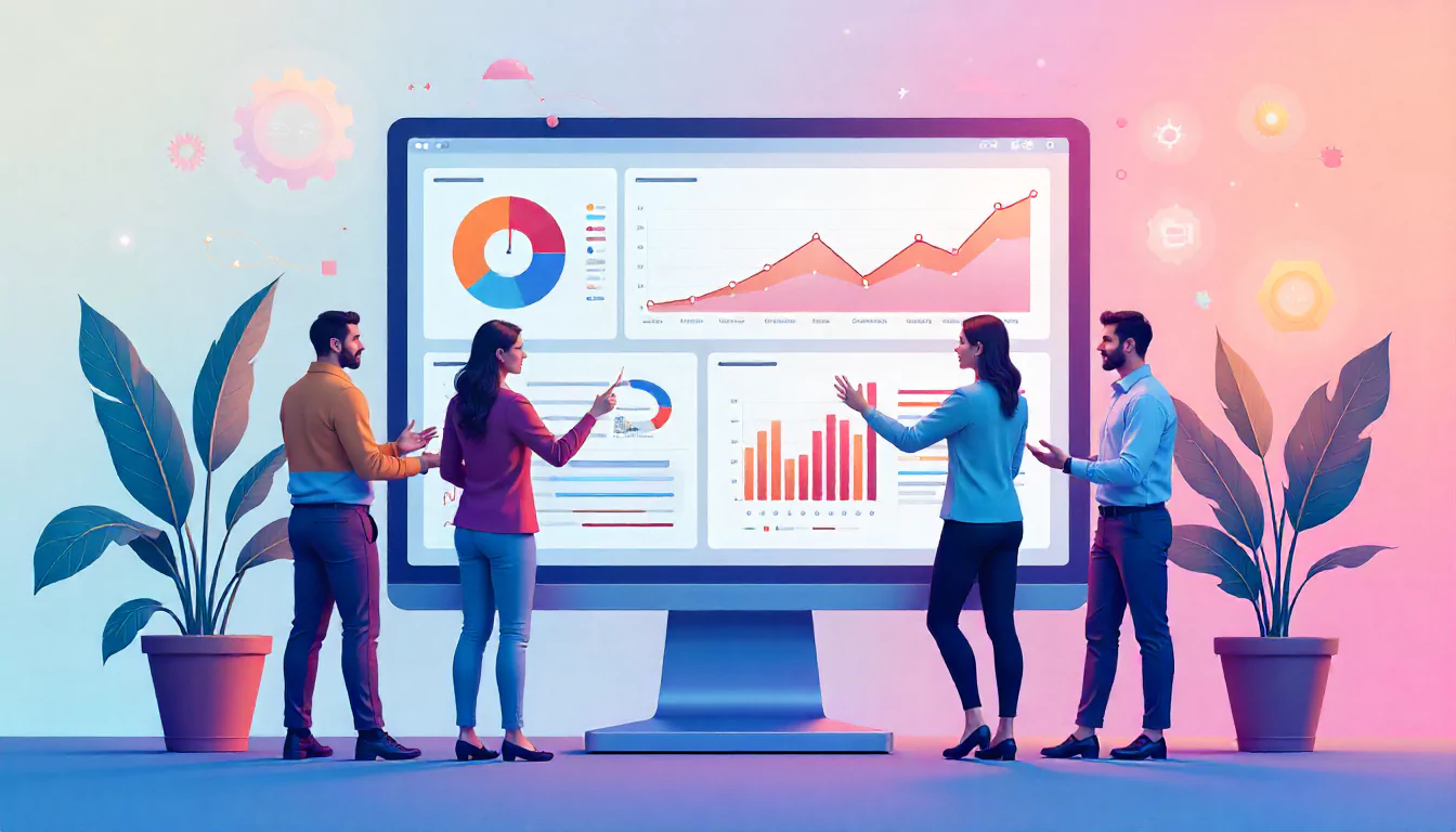 Agency team collaborating with project management consultants around a digital dashboard with charts, Gantt timelines, and task boards, illustrating project management consulting in action.