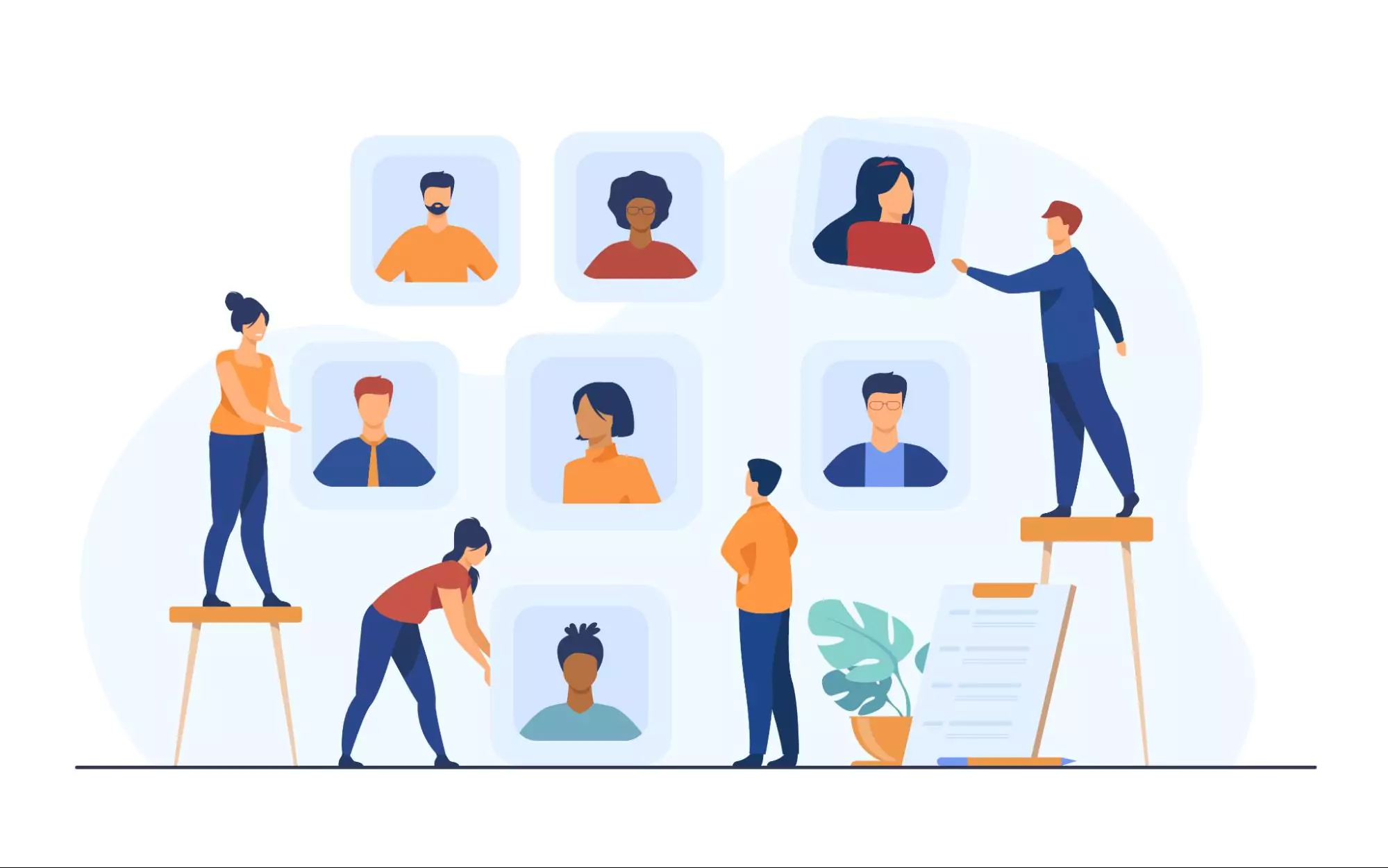 Team of HR professionals analyzing candidate profiles for recruitment and team assignment. Concept of talent acquisition, employee selection, diversity hiring, and collaborative decision-making in the hiring process.