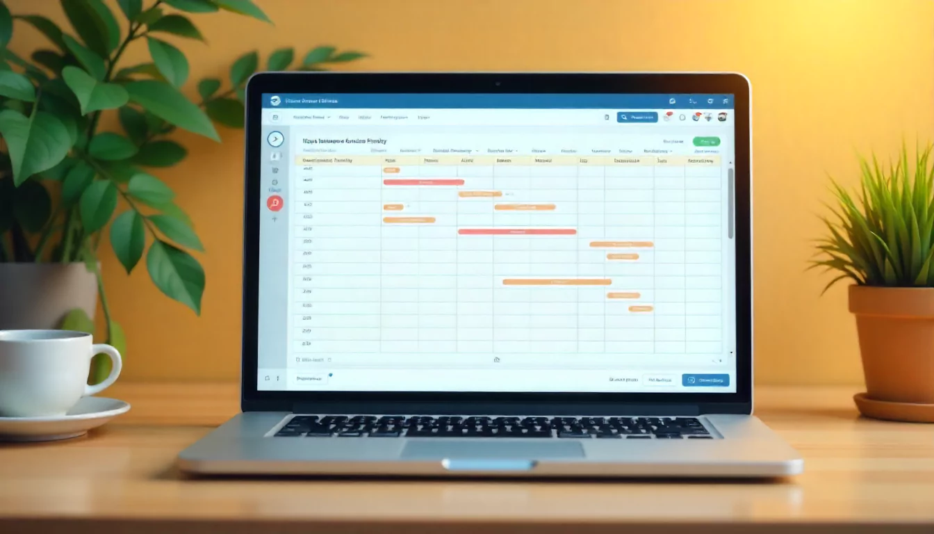 Vector illustration of a simple project schedule template showing tasks, dates, and milestones on a digital device.