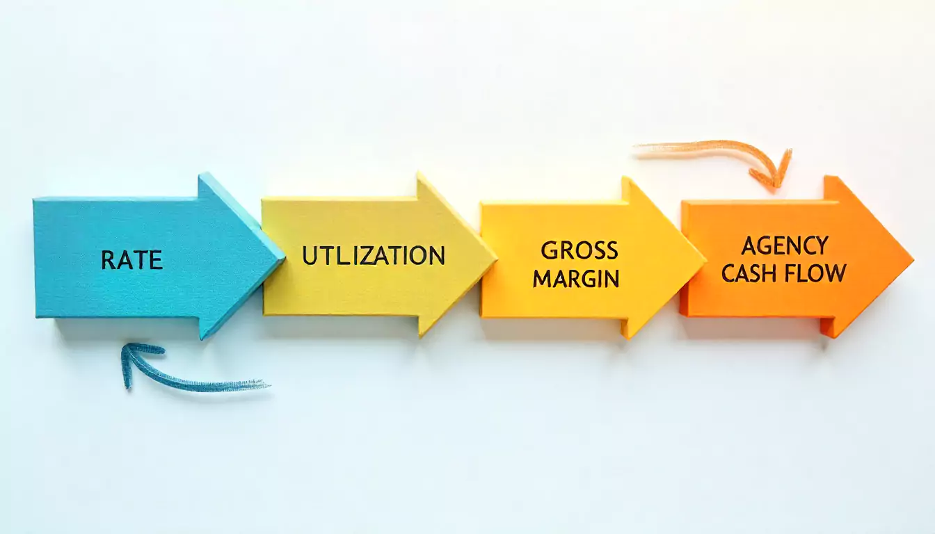 Horizontal flowchart illustrating the agency profit engine from rate to utilization, gross margin, and cash flow, highlighting how consulting improves agency profitability.