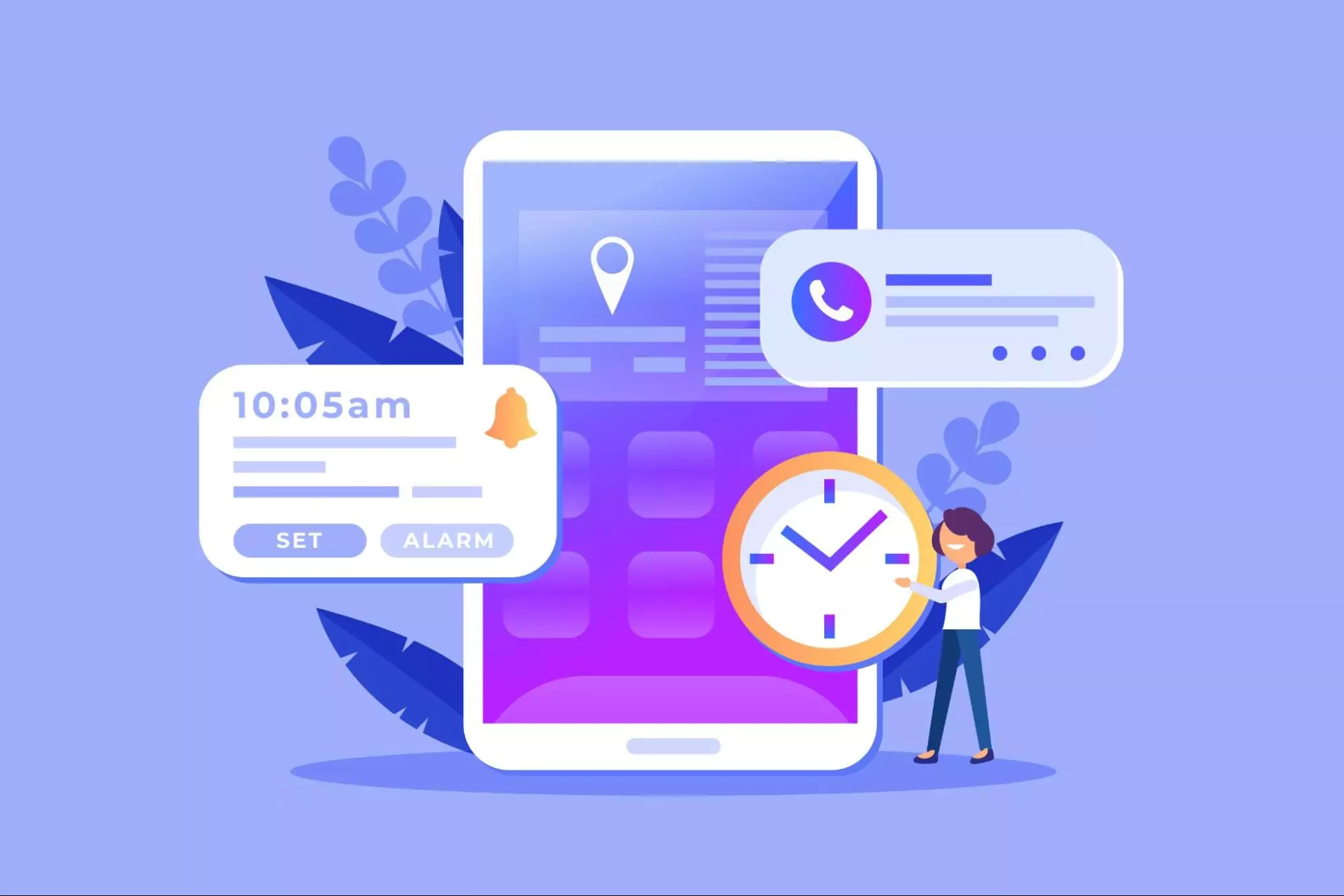 Illustration of a woman managing tasks and setting an alarm through a mobile interface, representing how the best time management apps help organize schedules and boost productivity.