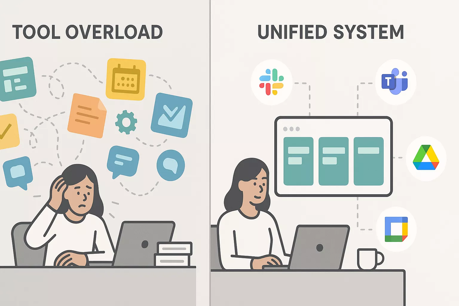 Before-and-after illustration comparing tool bloat to a unified collaborative work management workflow.