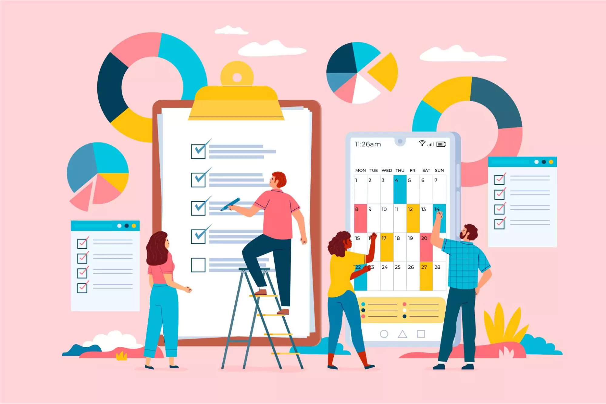 Team planning projects using a digital calendar and task list, symbolizing an efficient project management process and visual scheduling tools for small businesses.