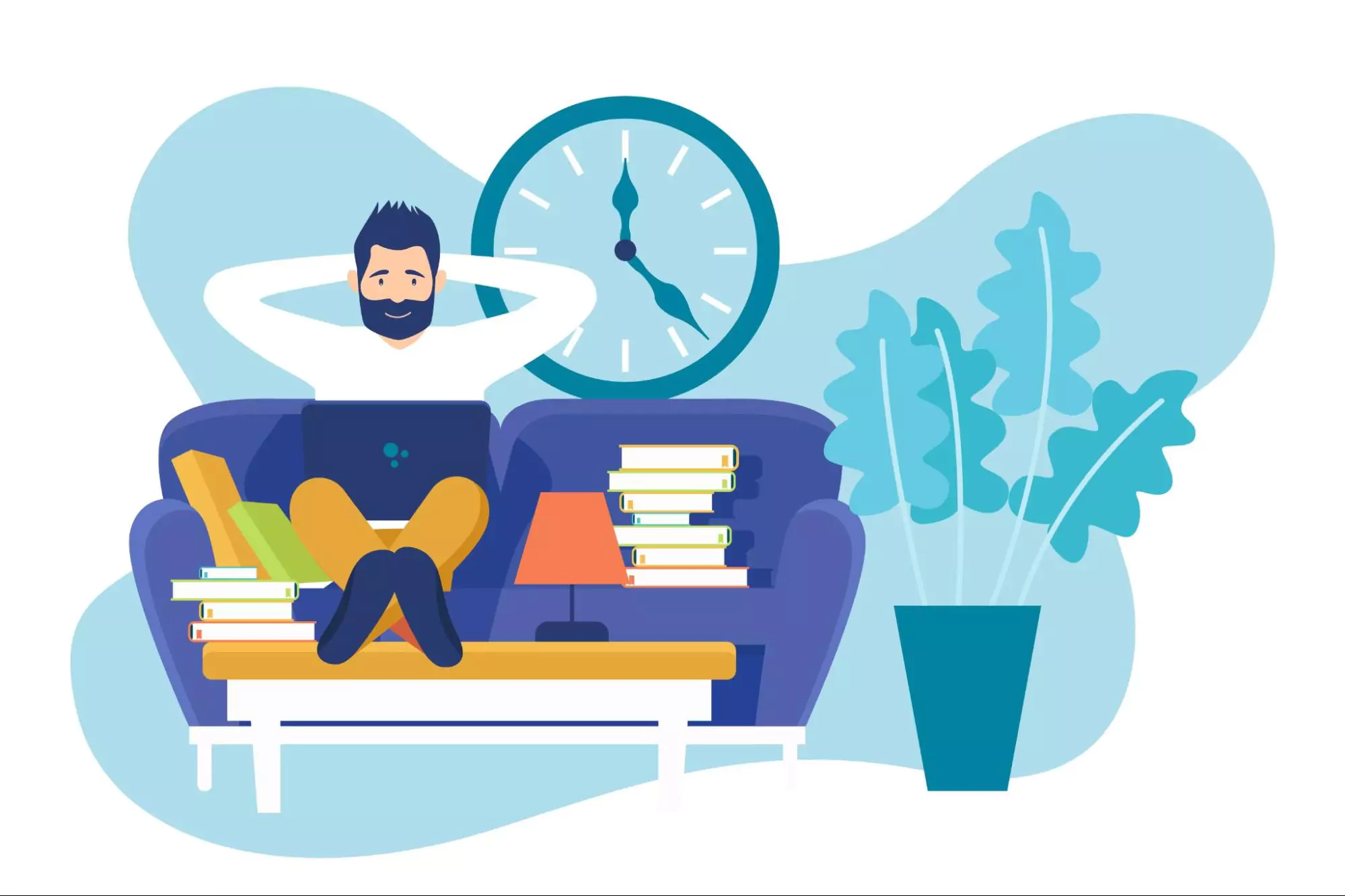 Man working on a laptop in a cozy living room, surrounded by books and a clock, illustrating a balanced life.