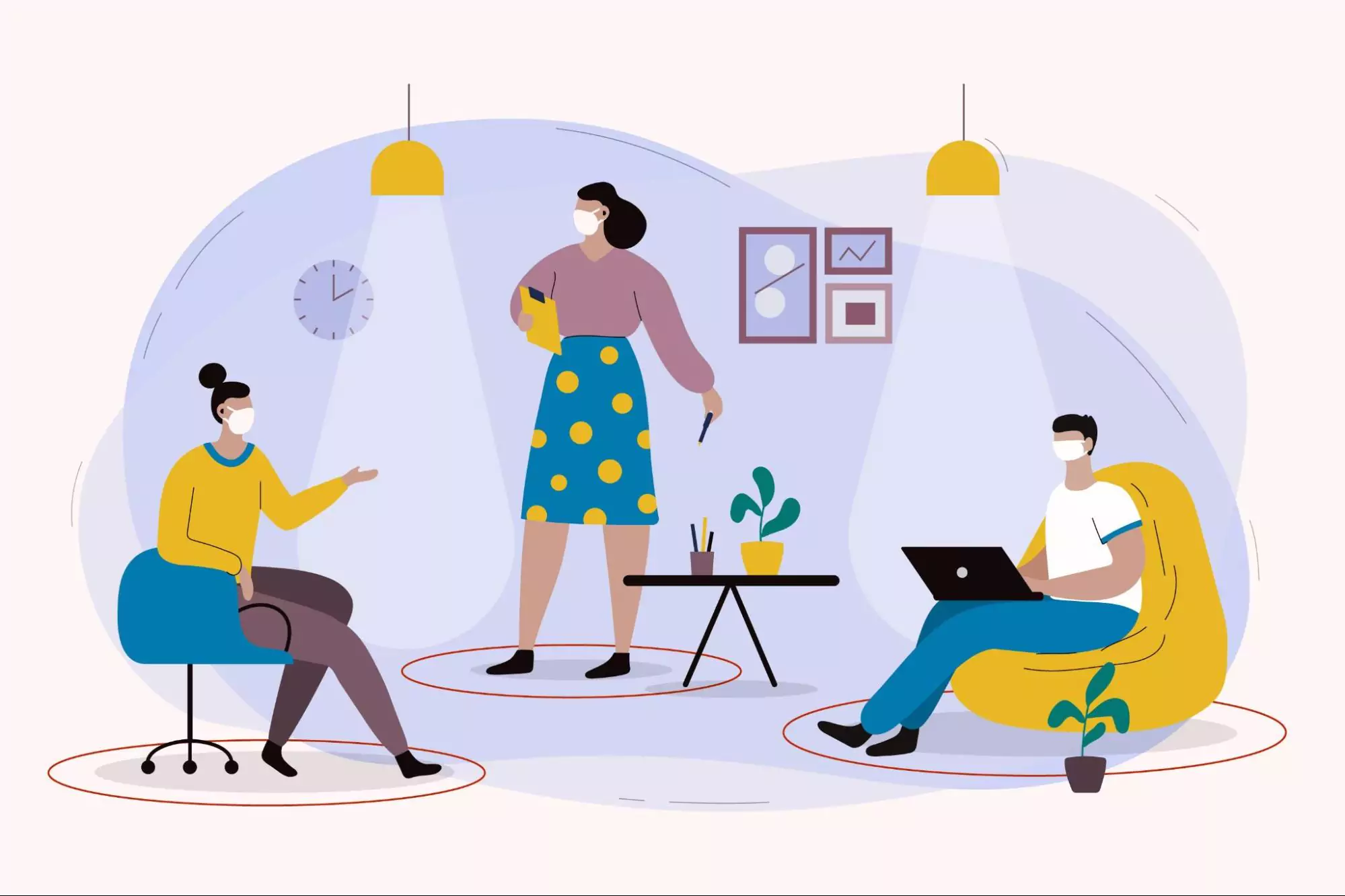 Illustration of three individuals working in the same collaborative workplace.