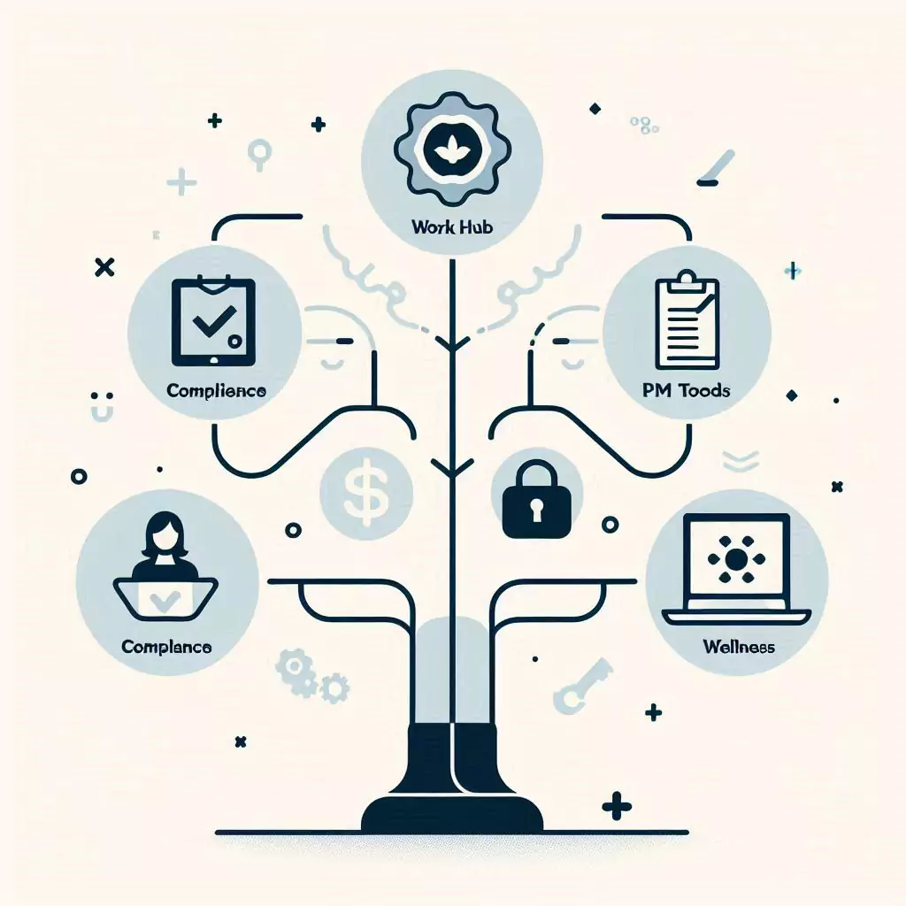 Decision tree showing paths to choose Workhub, project management tools, or Siddhify for different business needs.
