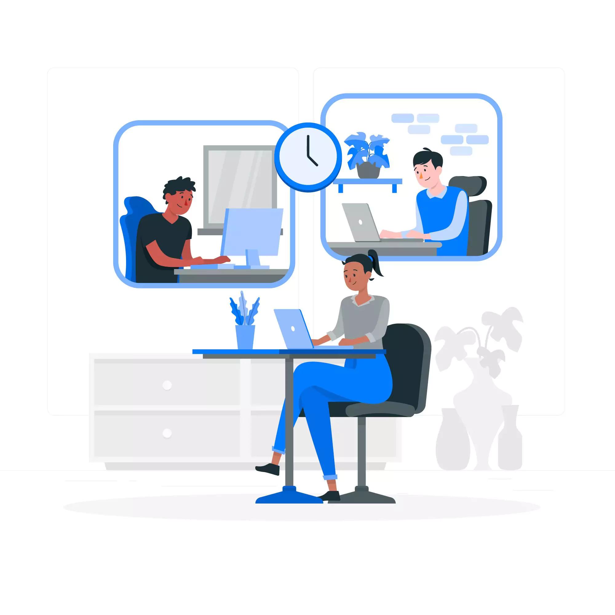 Illustration of three remote project management workers.