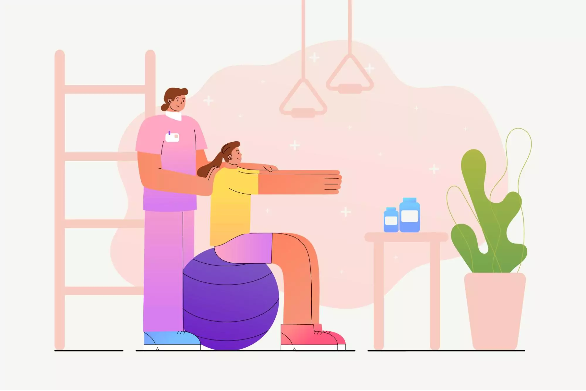 A woman sits on an exercise ball doing back exercises with a man instructor representing a corporate wellness program.