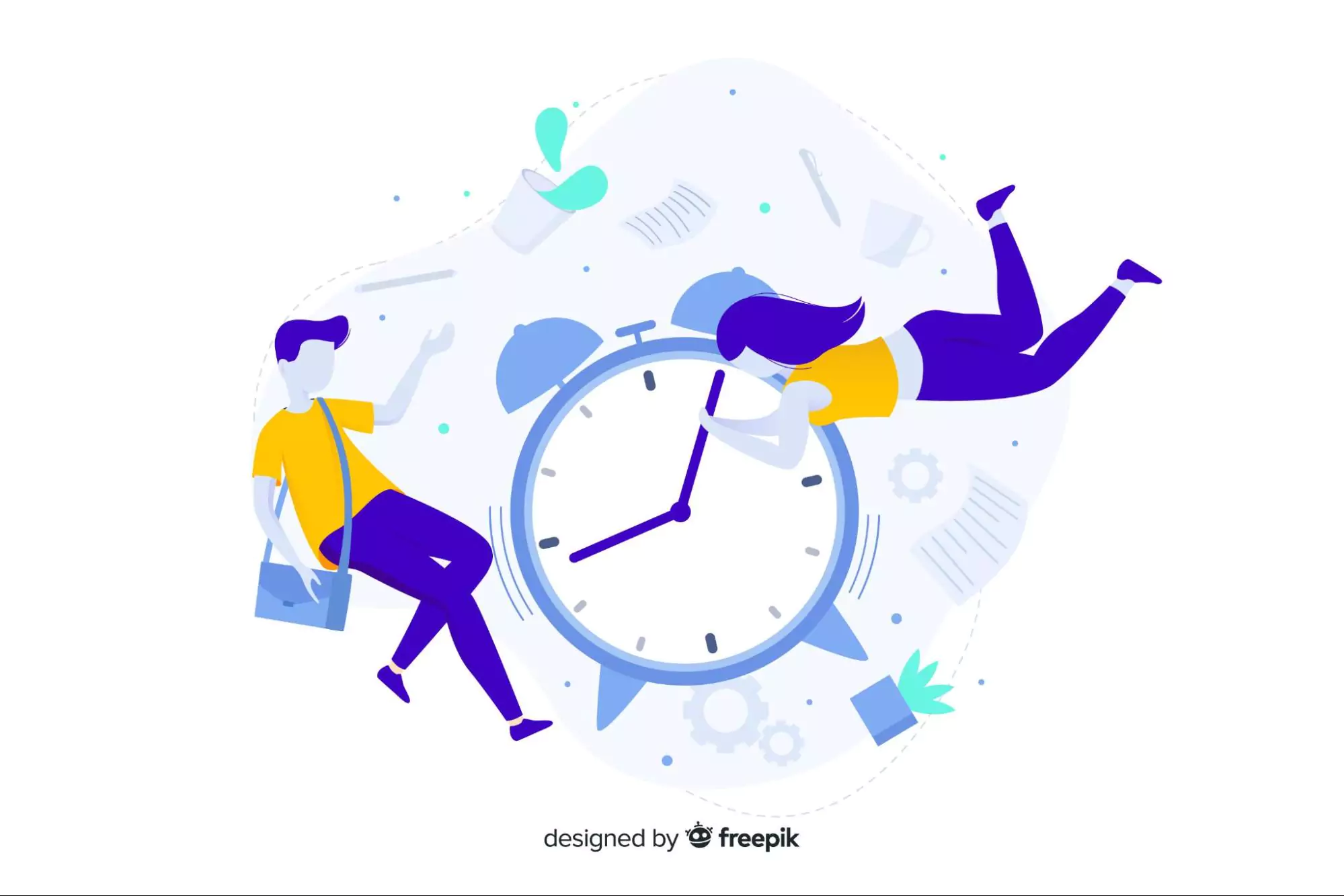 Abstract illustration of people interacting with a giant clock, representing time management strategies and how to be more efficient.