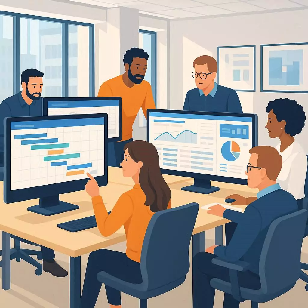 Digital agency team collaborating on project scheduling software with Gantt charts, timelines, and dashboards on large monitors in a modern office.