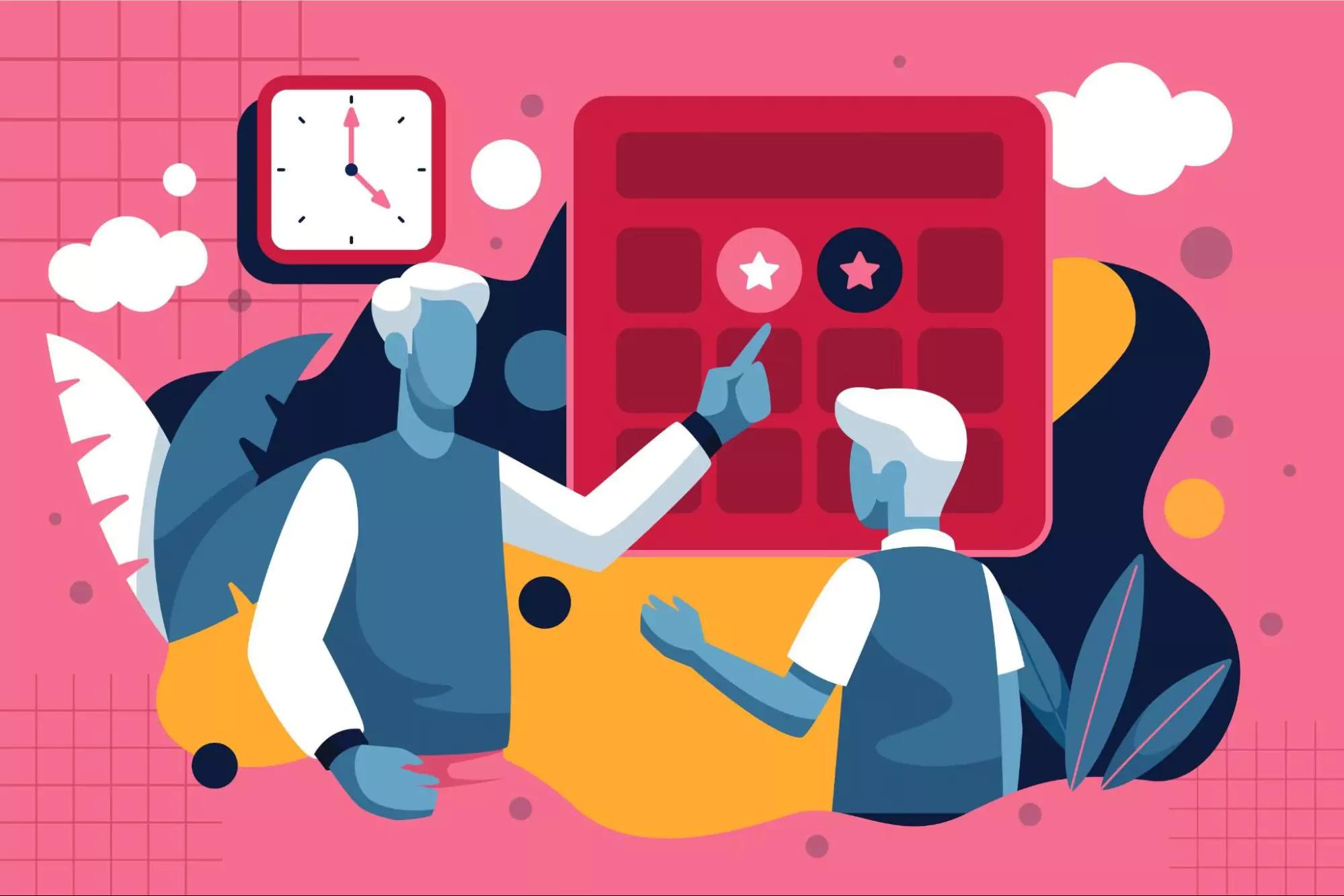 Vector illustration of two people working together on their daily planner app.