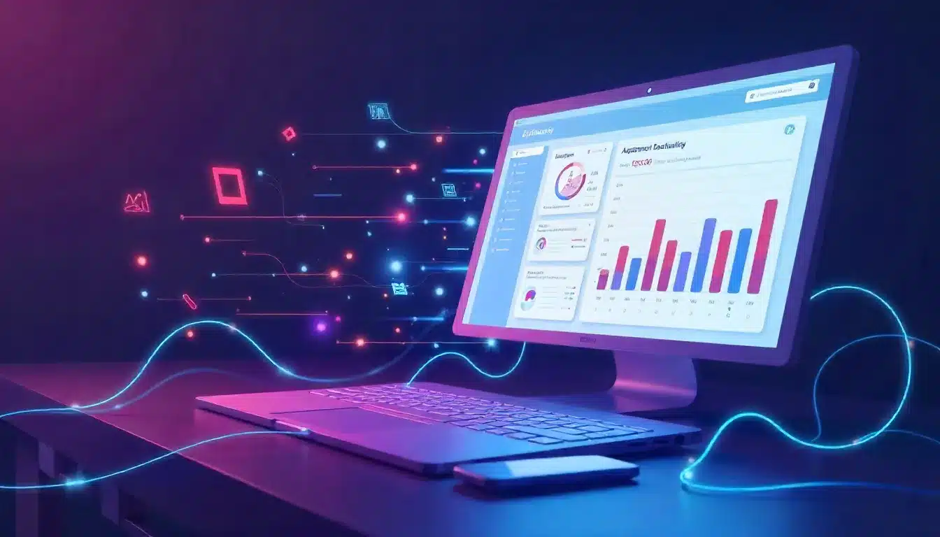Illustration of connected productivity apps streaming data into Siddhify’s AI dashboard in a modern workspace.