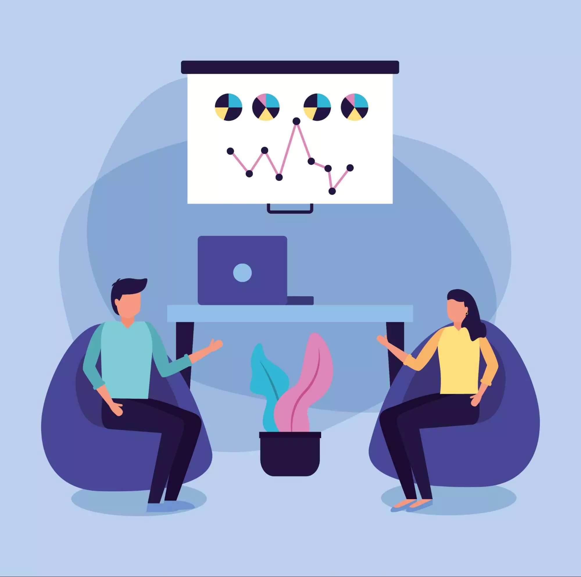 Illustration of two team members working with the same collaboration software.