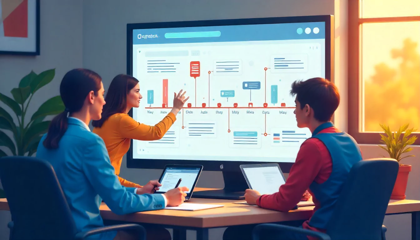 Vector illustration of a team reviewing a project schedule with tasks and milestones on a digital dashboard