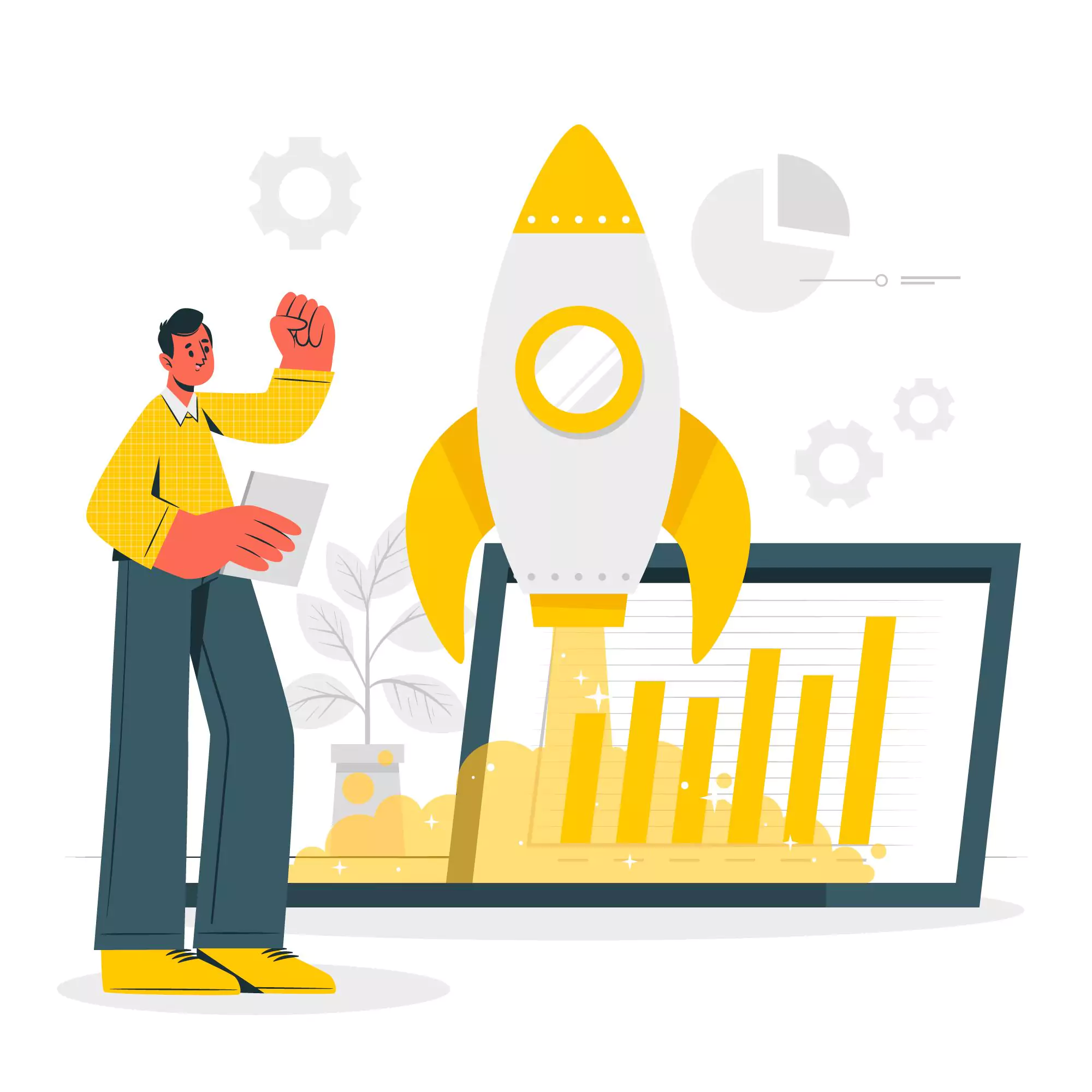 Illustration of a business owner celebrating his startup's growth.