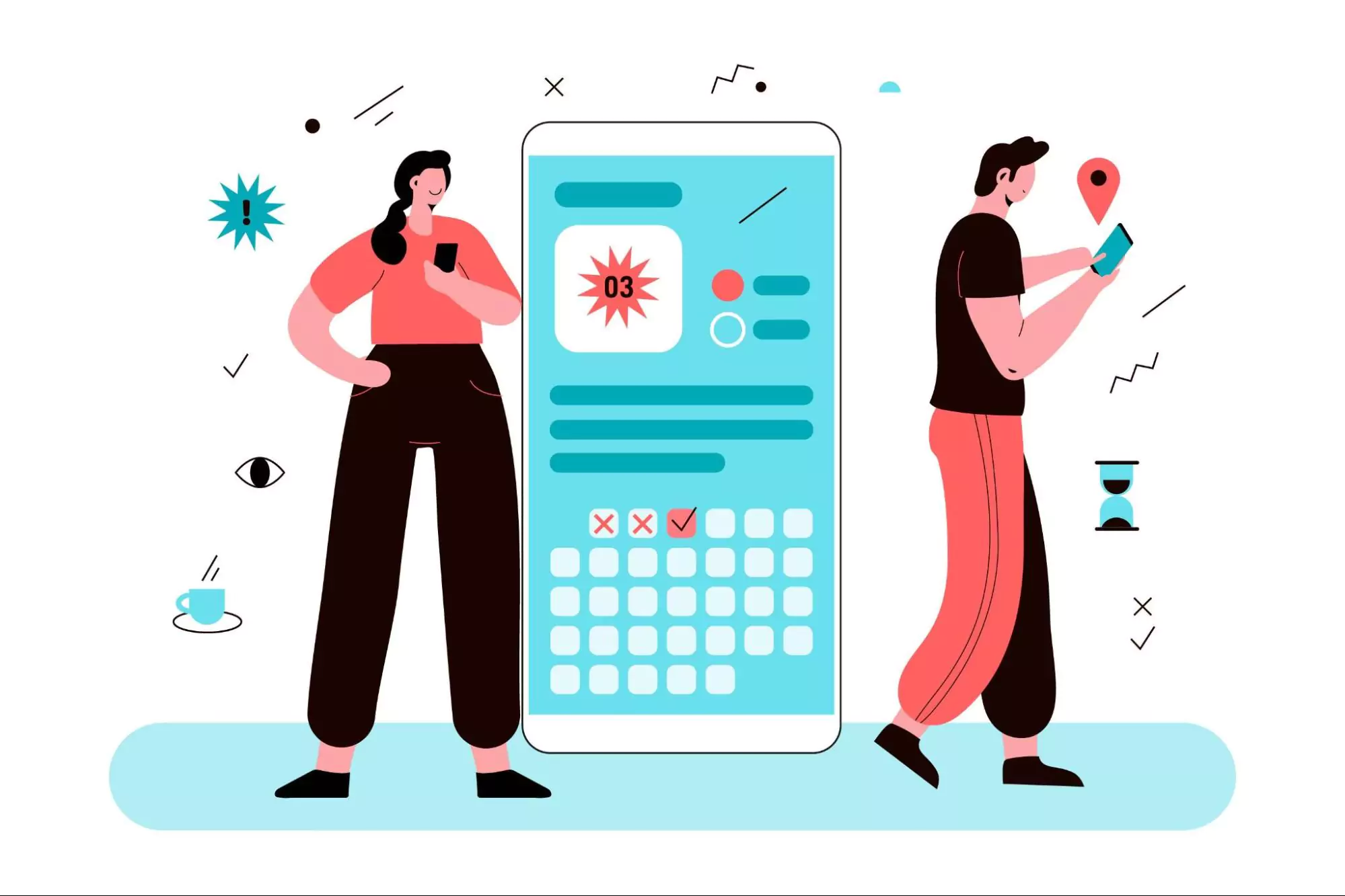 Illustration of a man and woman using a work planner app on their smartphones, standing beside a large digital calendar interface showing the number 03 and a series of checked and crossed dates.