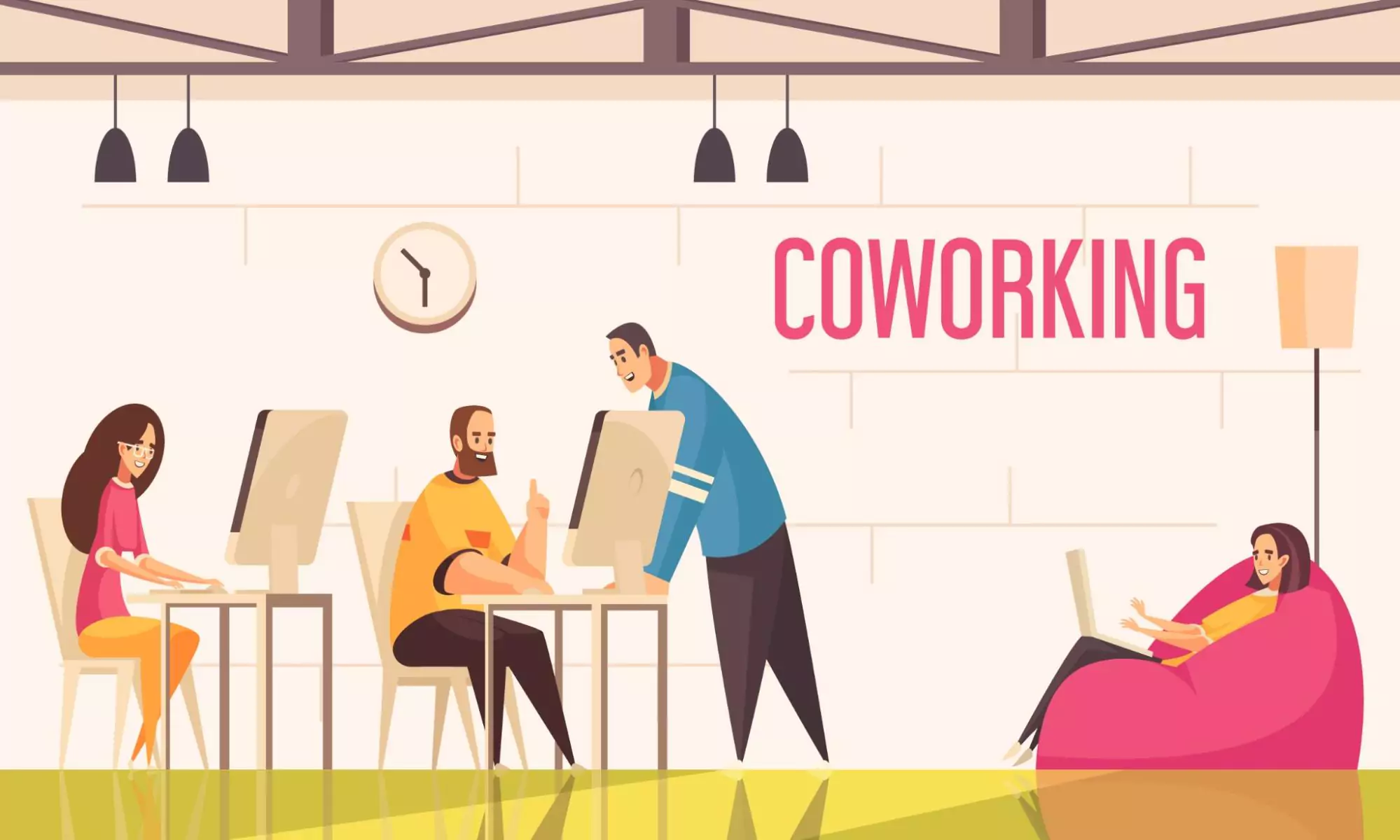 Illustration of four coworkers working in the same collaborative workspace.