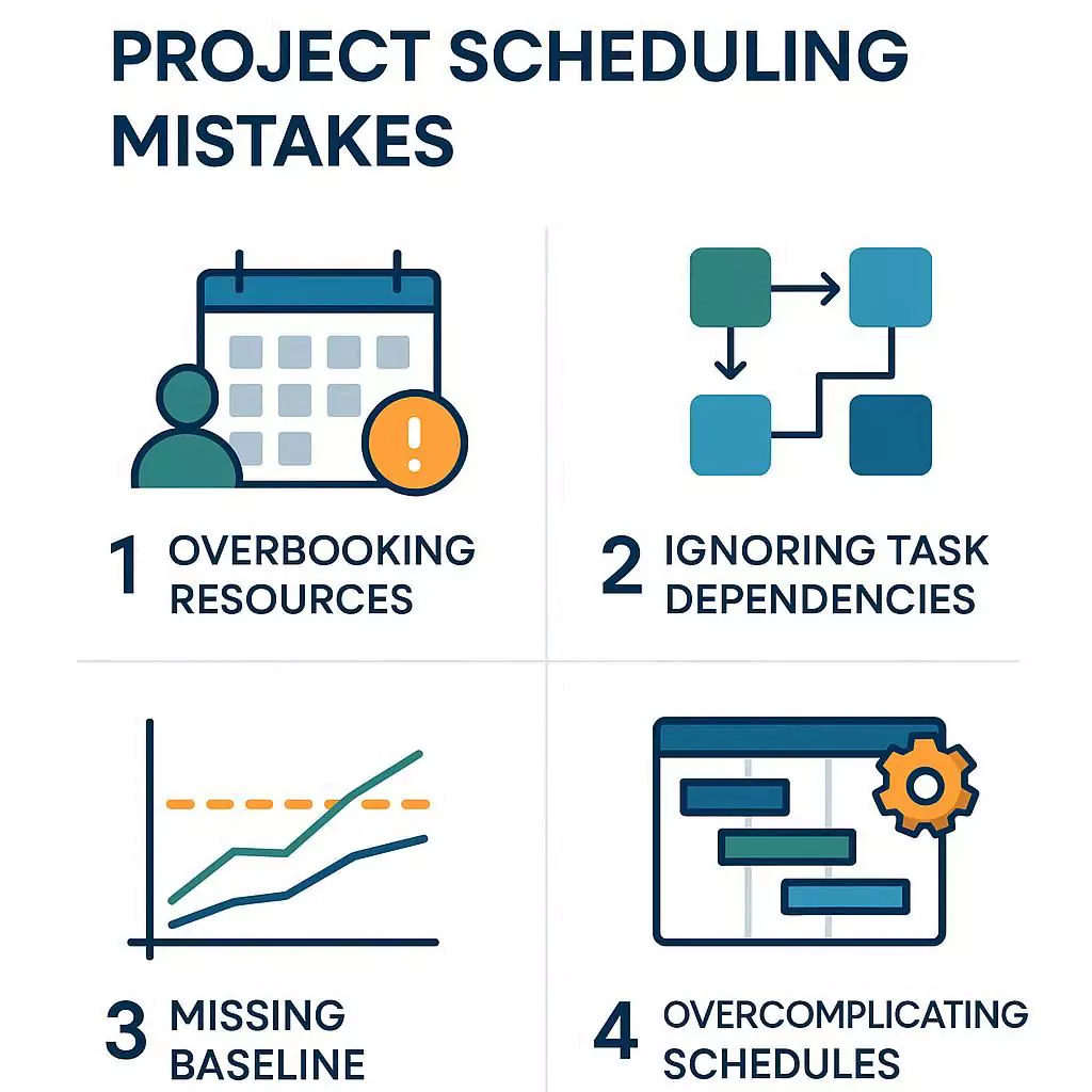 Modern infographic showing common project scheduling mistakes for agencies and small teams, including overbooking resources, ignoring dependencies, missing baselines, and overcomplicating schedules, with flat vector icons and professional design.