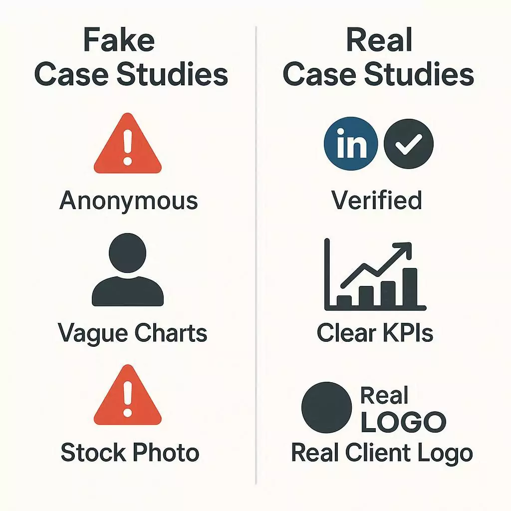 Infographic comparing fake vs real digital agency case studies, showing differences in client names, metrics, testimonials, visuals, and data consistency.