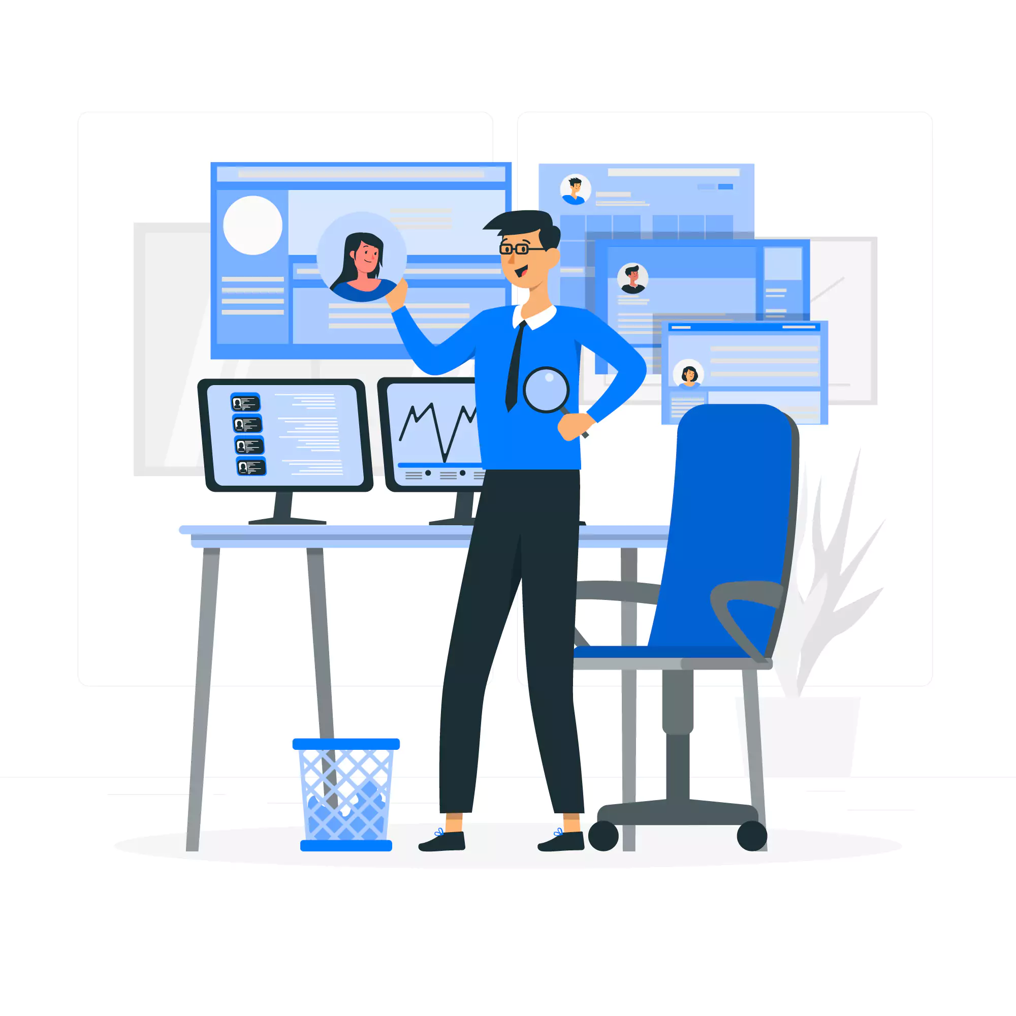 Illustration of remote worker communicating about new project management tool.