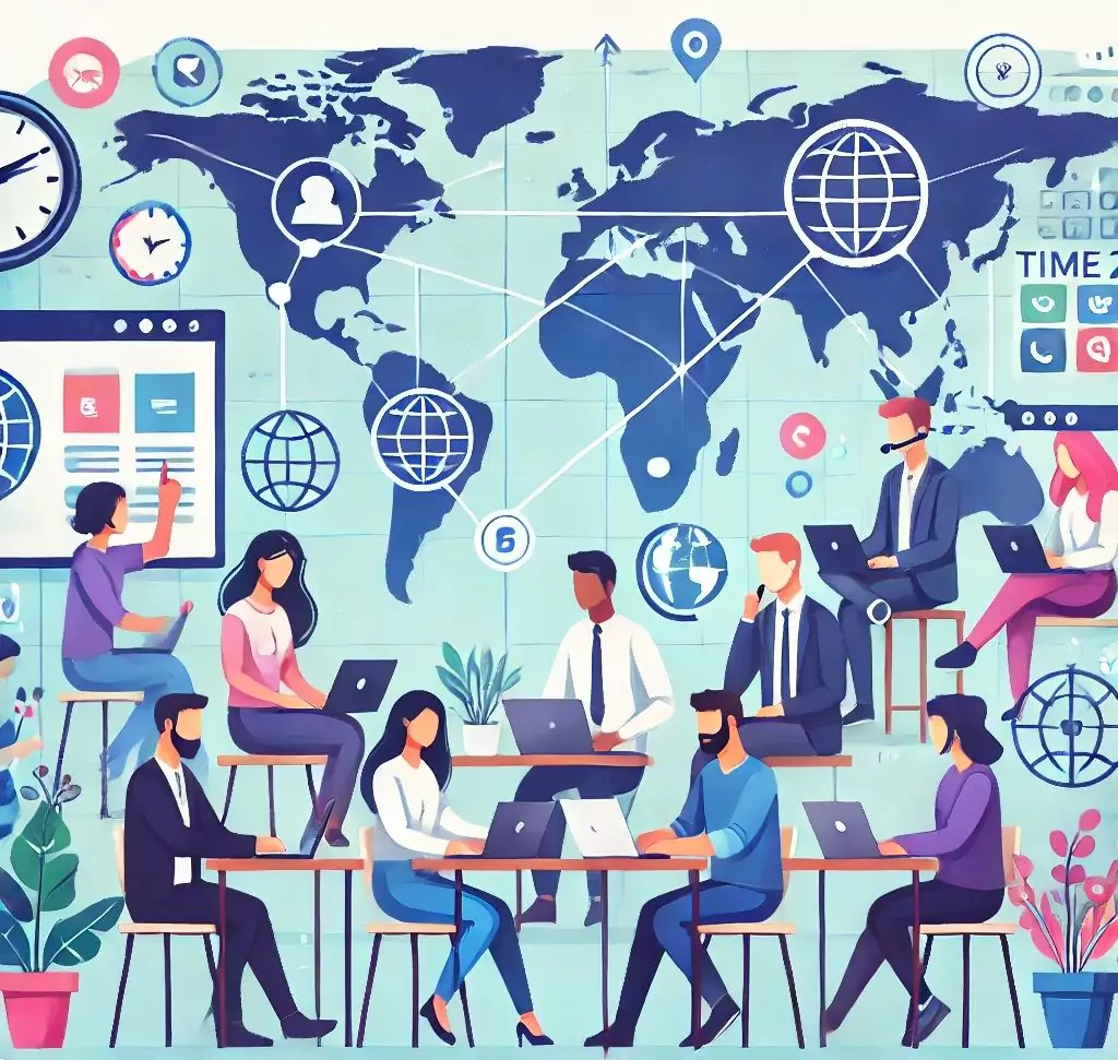 team members from different locations in the world collaboration on the same remote project using one project management app