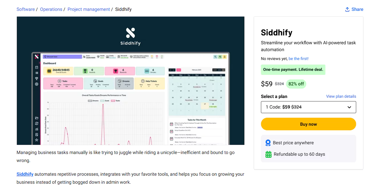 Image of Siddhify’s dashboard and an offer on AppSumo.