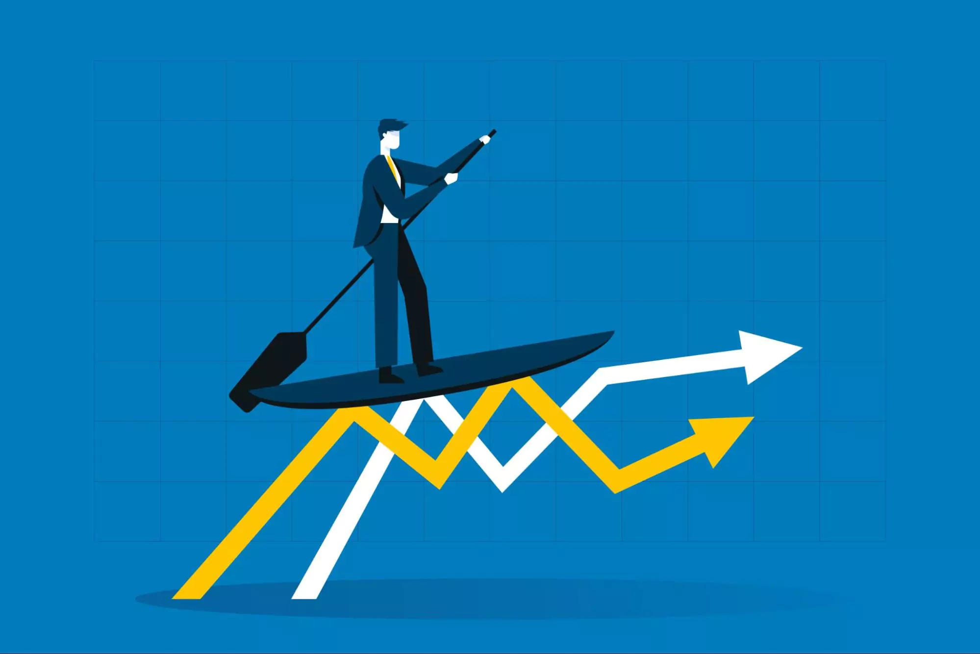 Businessman steering growth arrows upward, representing how to grow your business and smart business growth strategies.