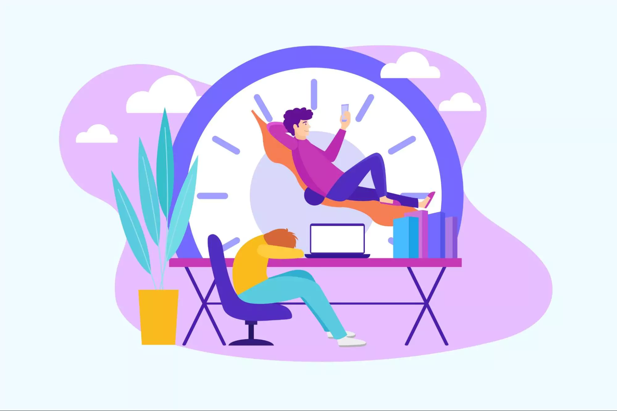 Illustration of two busy entrepreneurs trying to find the work-life balance