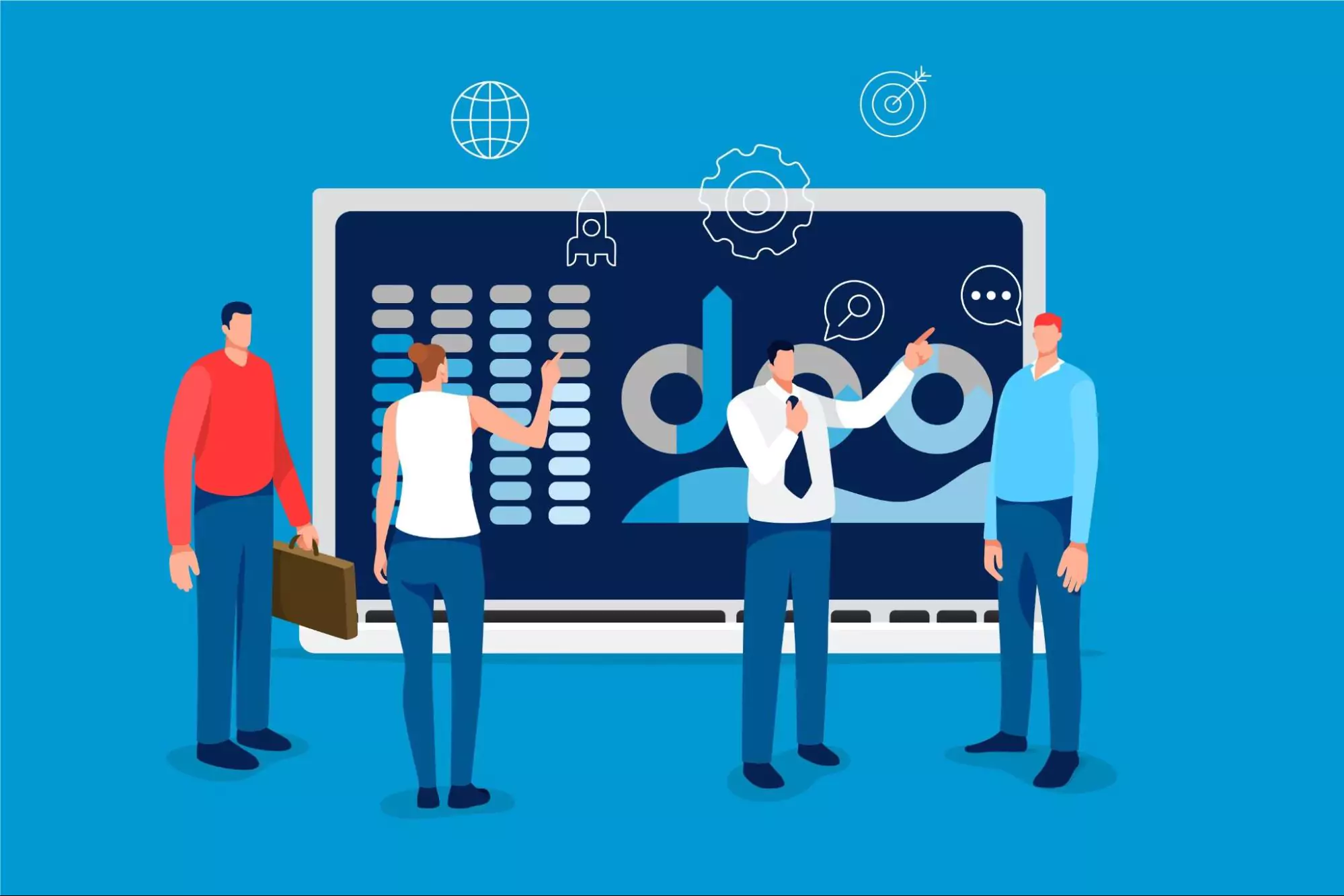 Illustration of a project management team working with their productivity tool.