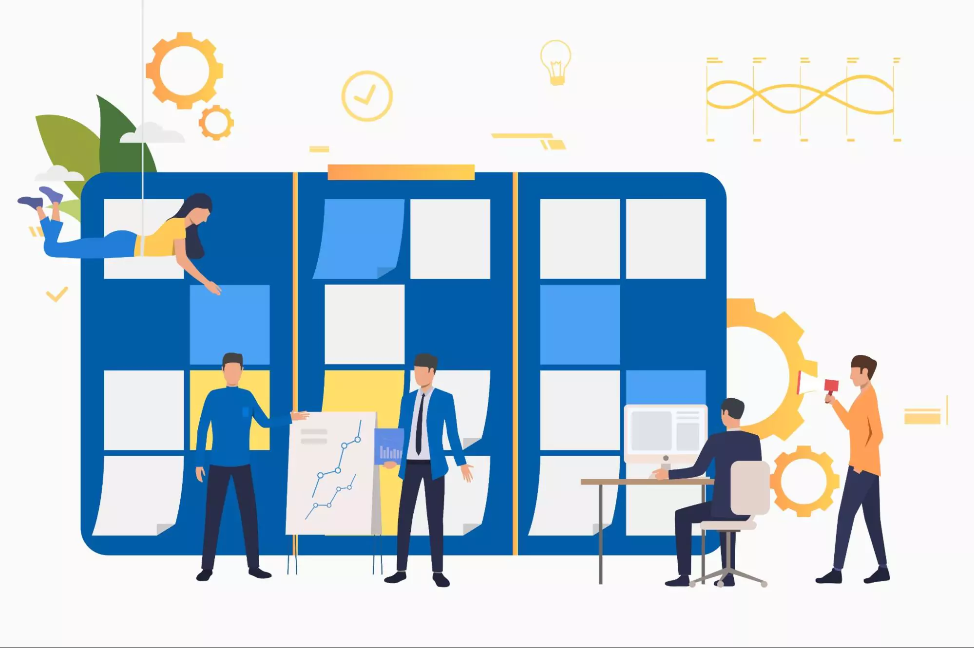 Illustration of project managers working on project management dependencies best practices.