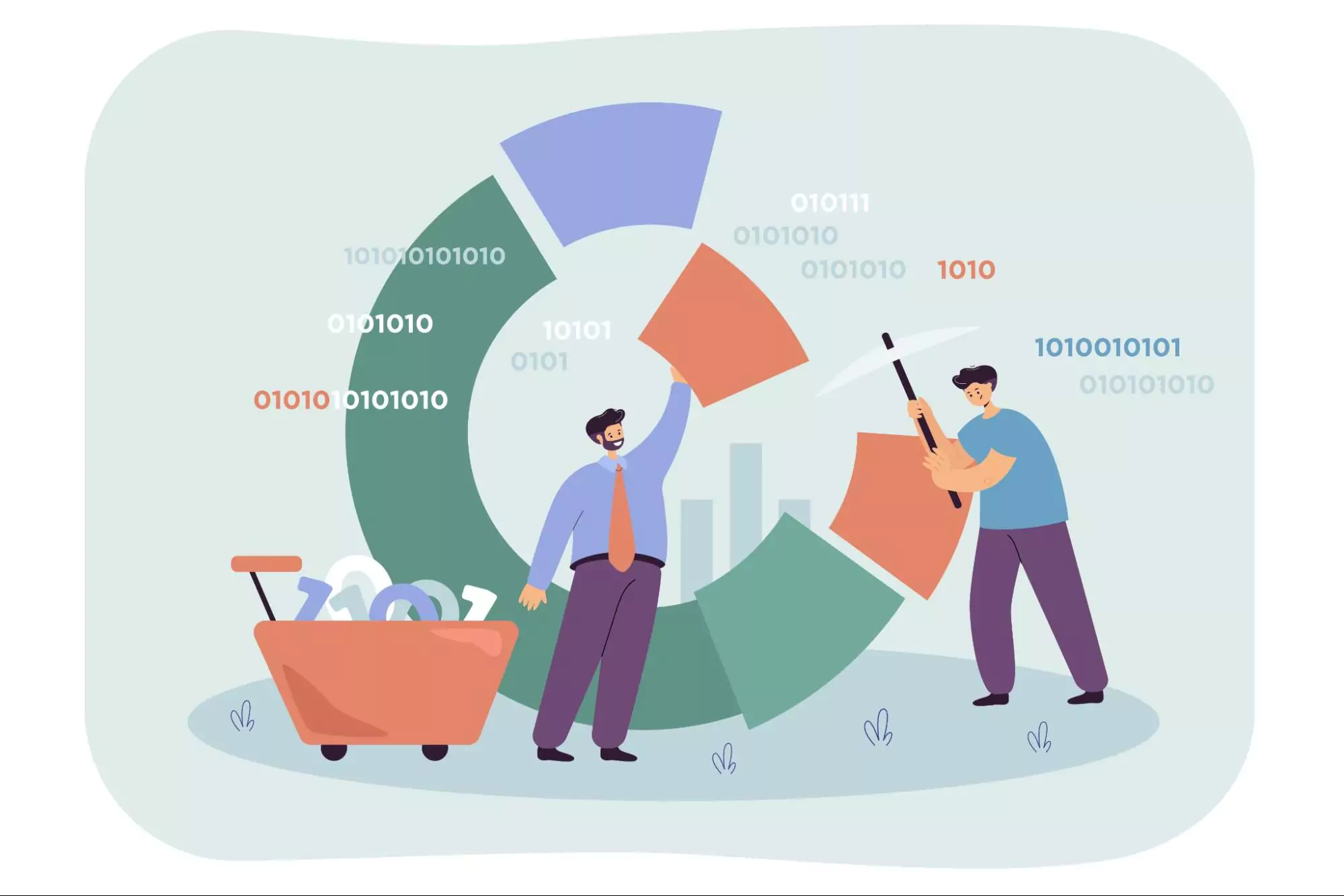 Illustration of two coworkers working on a business management tool.