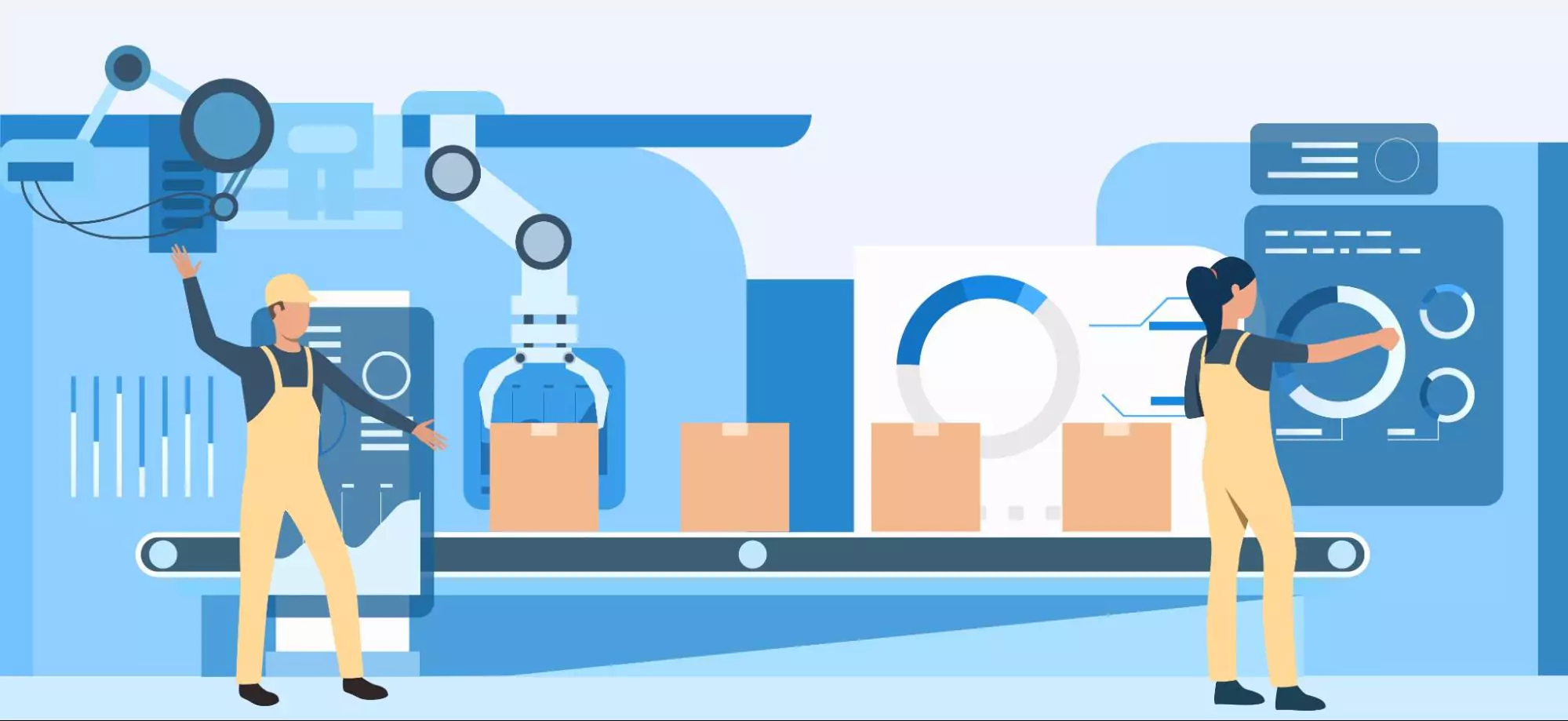 Illustration of two team members working on a product development using PLM tools.