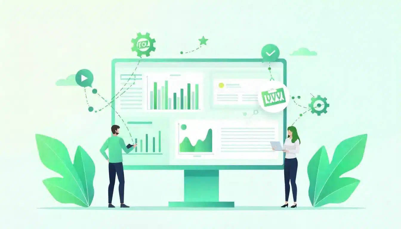 Vector illustration of marketers managing an automation workflow dashboard with connected marketing icons and gears symbolizing automated processes.