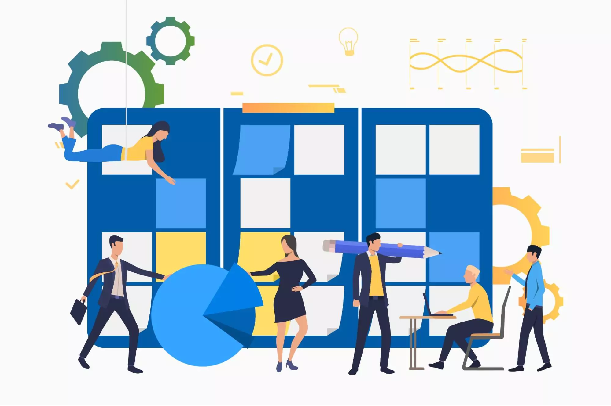 illustration of busy professionals working together on a project