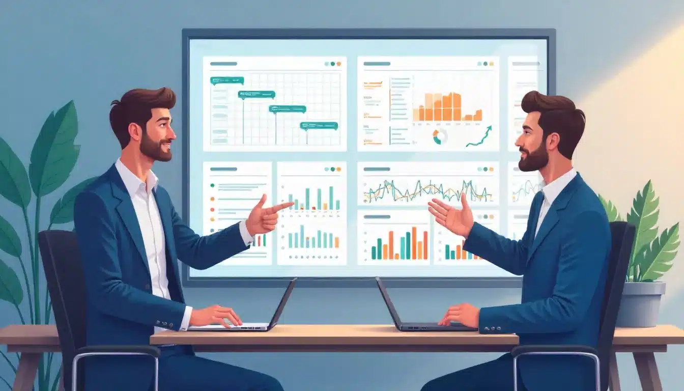 Project managers reviewing AI project management dashboards and predictive analytics.