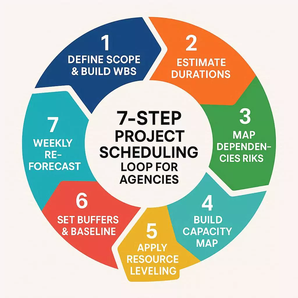 7-step project scheduling loop for agencies showing steps from scope definition to weekly re-forecast in a circular infographic