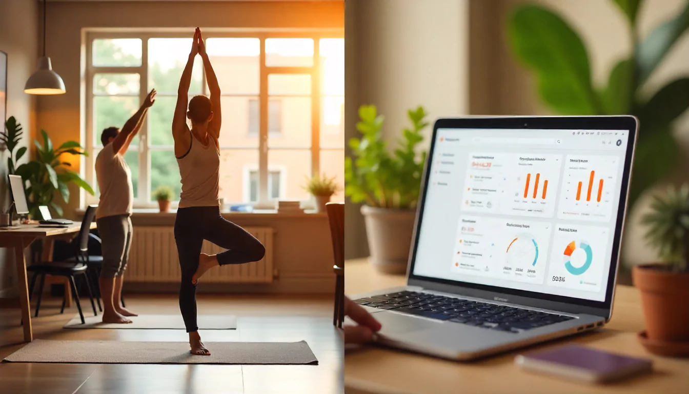 Corporate employees engaging in wellness activities alongside a digital dashboard tracking wellness and productivity.