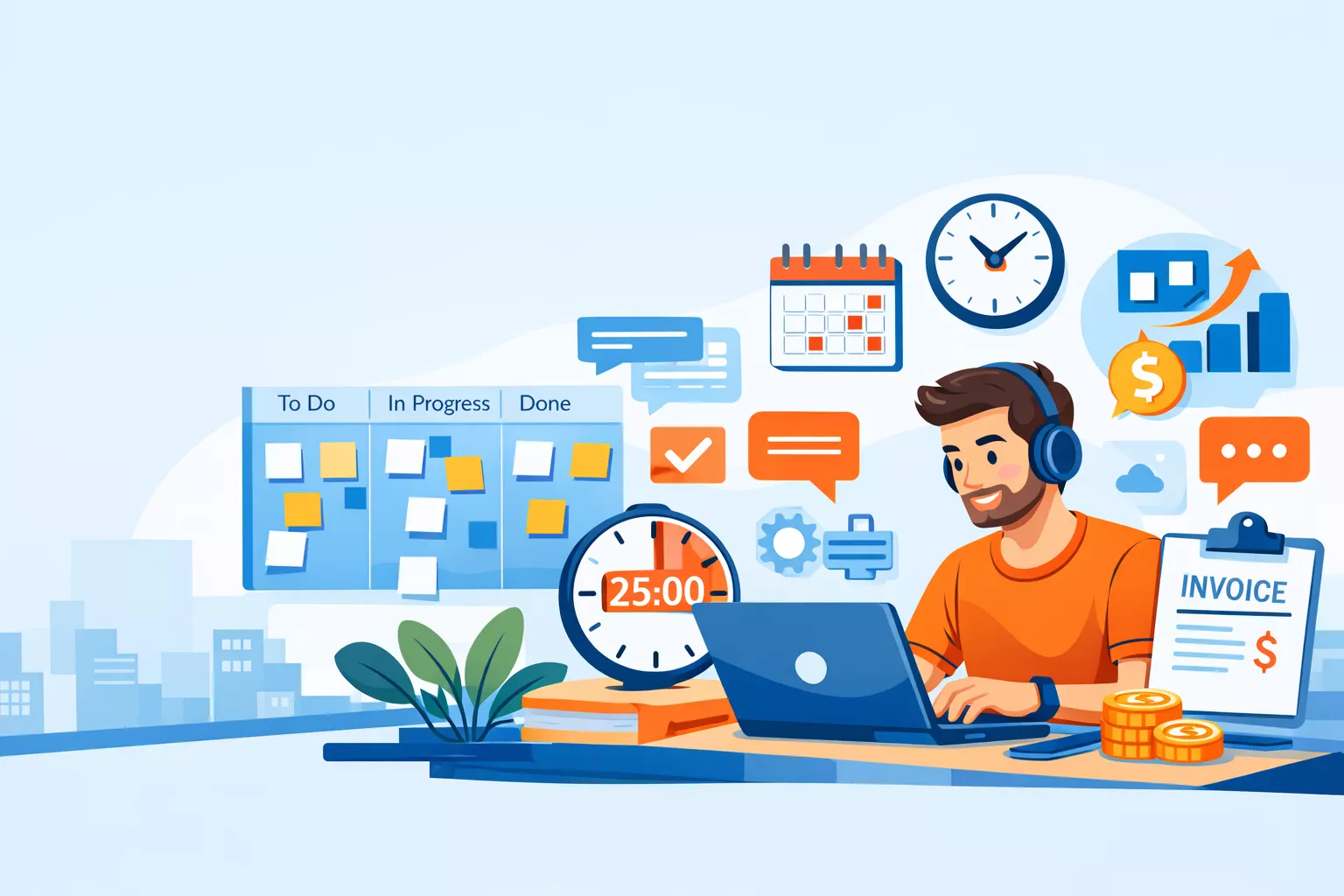 Vector illustration of a freelancer using project management software with task boards, Pomodoro time-tracking, invoicing, and productivity tools on a laptop in a workspace.