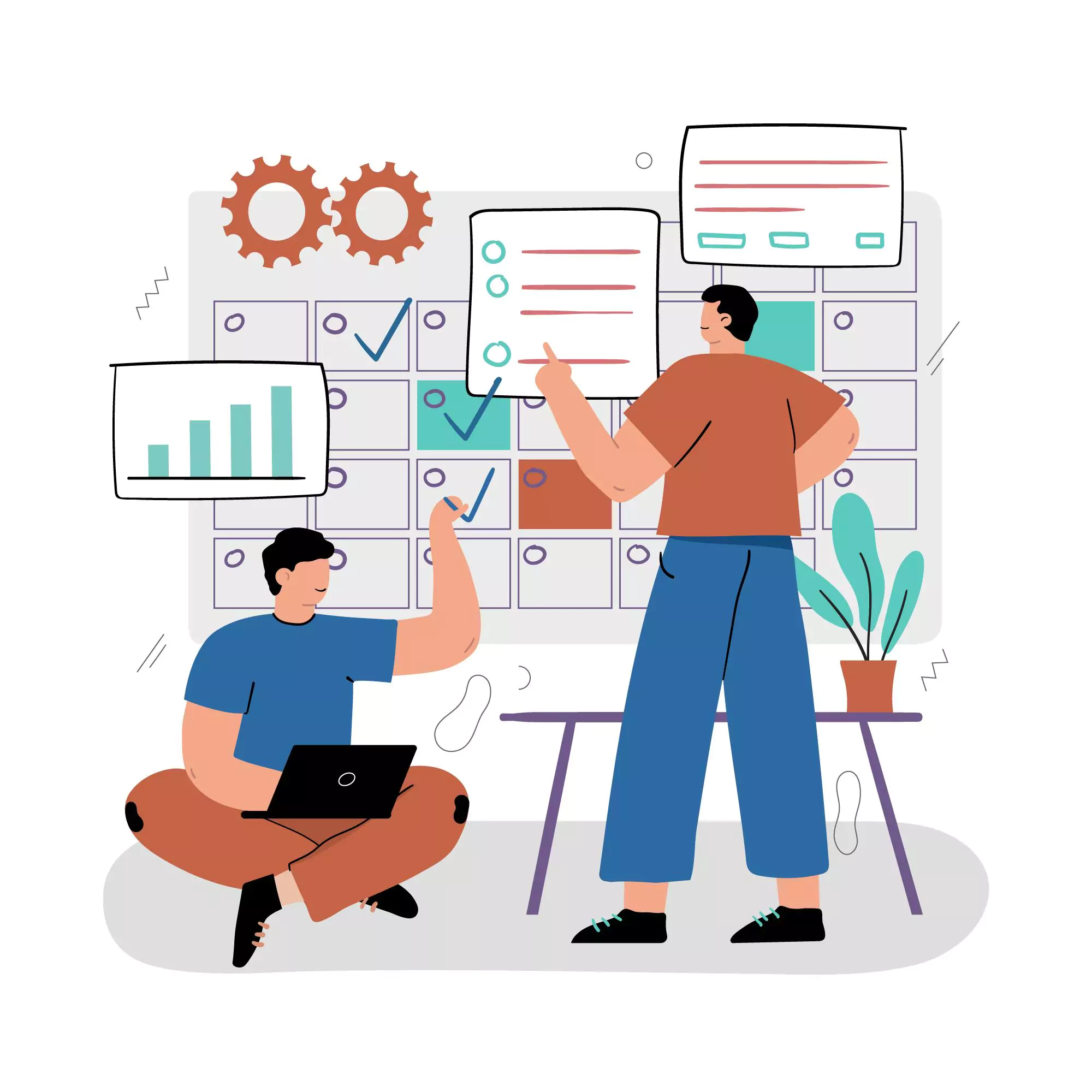 hand drawn illustration of two entrepreneurs working together on a business planning concept using project management best practices