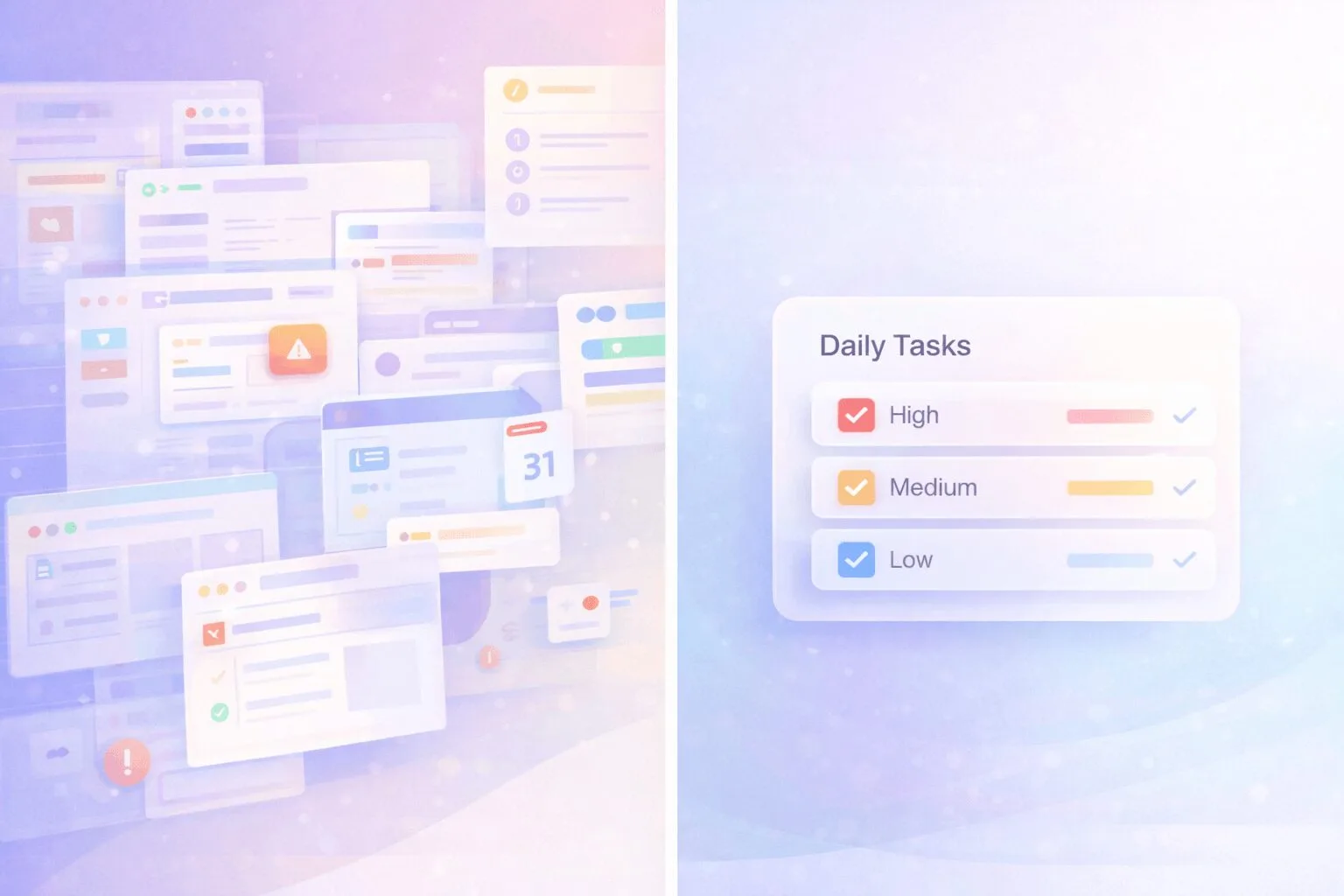 Split-screen showing complex project management tool clutter on the left and a clean, simple daily priority view on the right, representing planning overload versus focused execution.