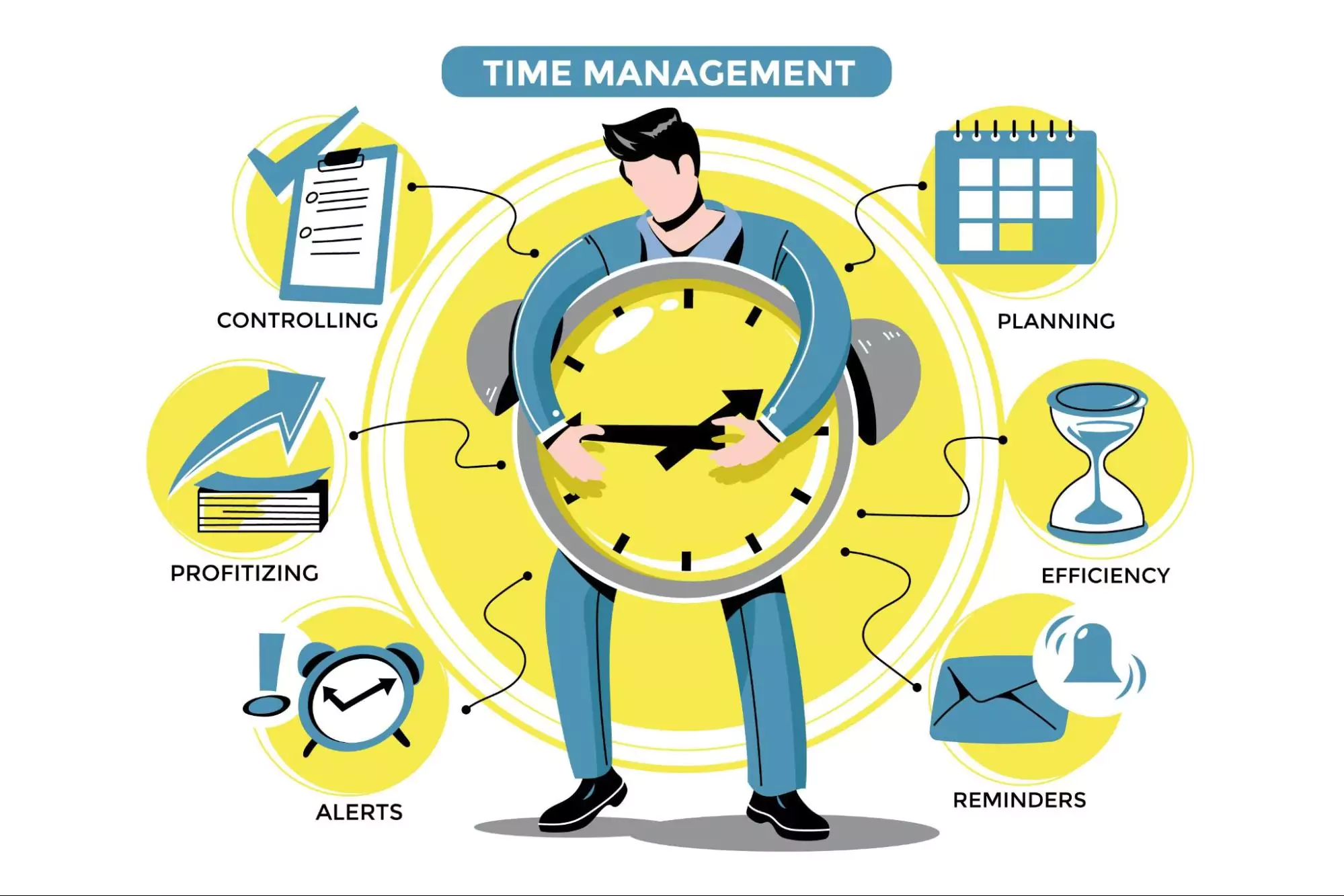 Illustration of time management for small business owners, showing one business owner juggling between a giant clock, calendar planner, bar charts, efficiency, reminders, and alerts, to increase productivity and efficiency.