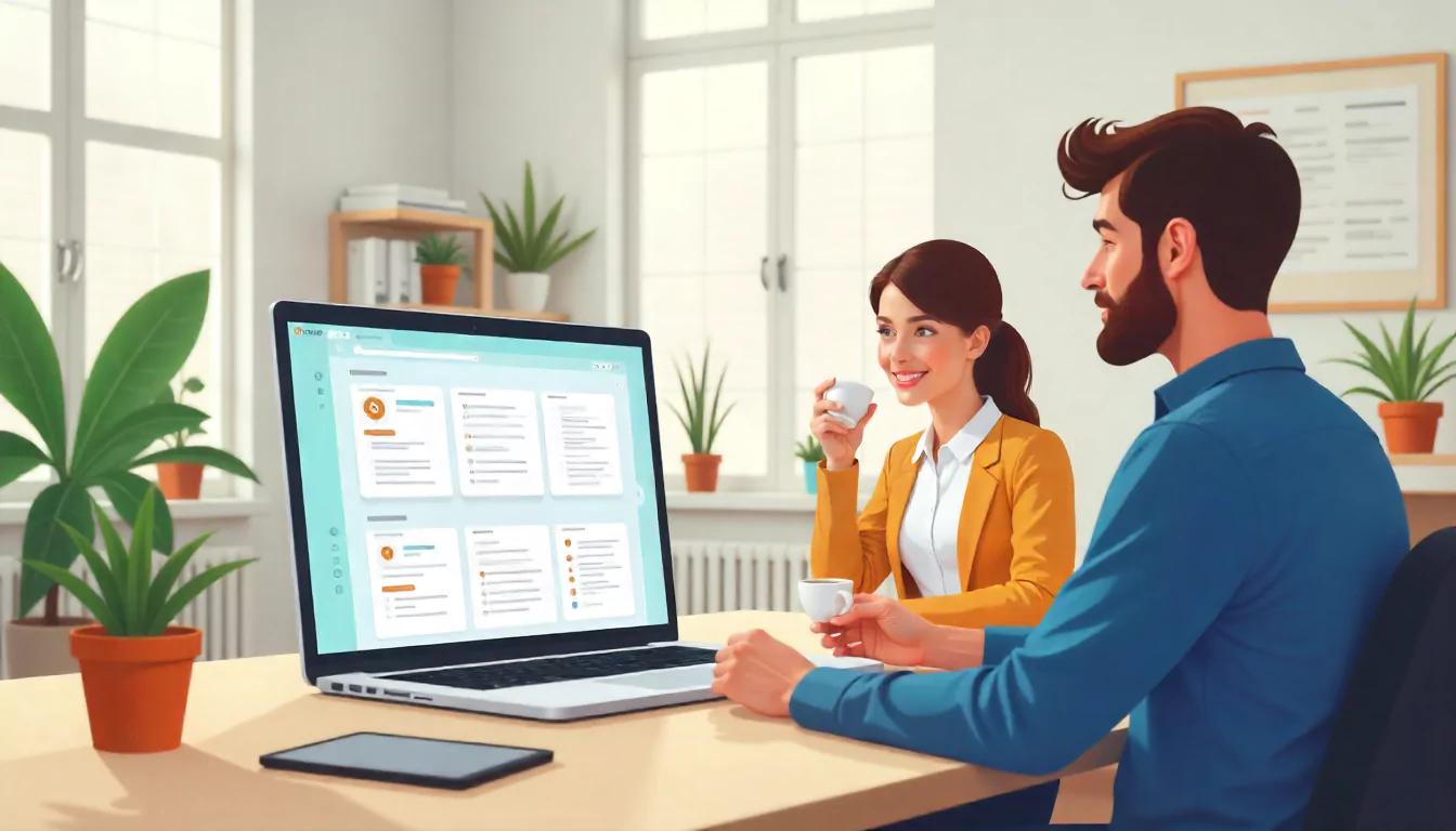Freelancers and a small team are comparing Workhub and project management tools on a laptop in a modern office.