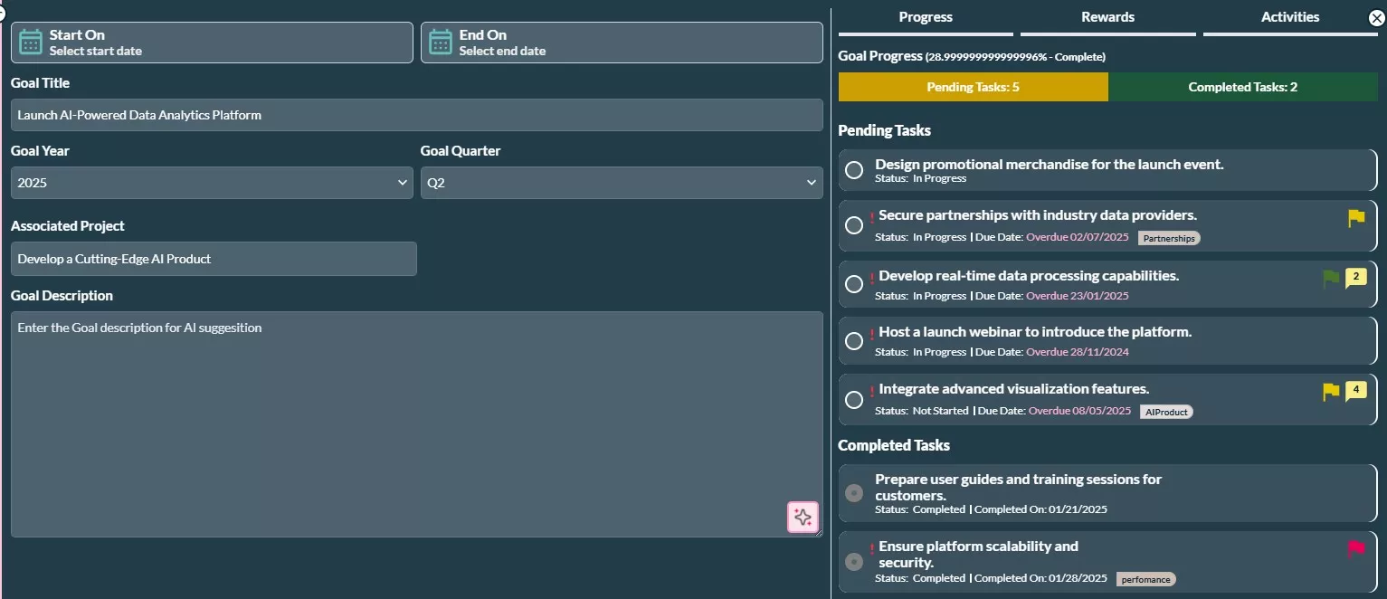 Screenshot of the goal and task management screen in Siddhify with an AI assistant.