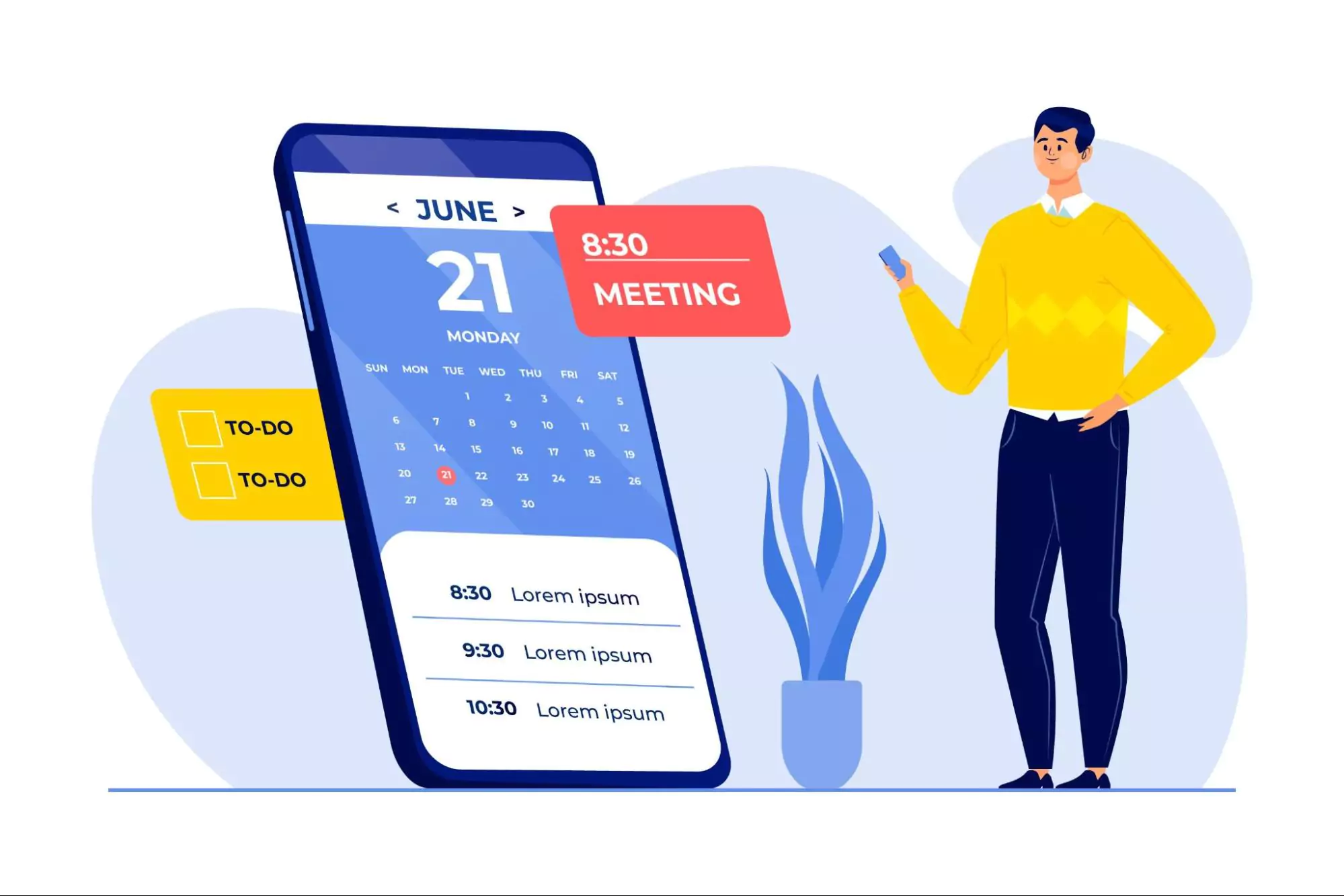 Flat vector illustration of a man in a yellow sweater using a mobile phone near a large smartphone screen showing a work planner app with a calendar, to-do list, and an 8:30 AM meeting alert scheduled for June 21.