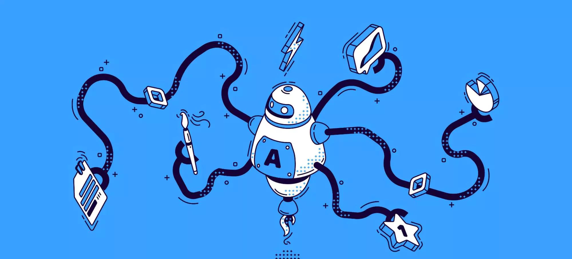 Futuristic illustration of a robot automating marketing tasks like analytics, emails, design, and engagement, representing the power of AI marketing tools in streamlining marketing for small businesses.
