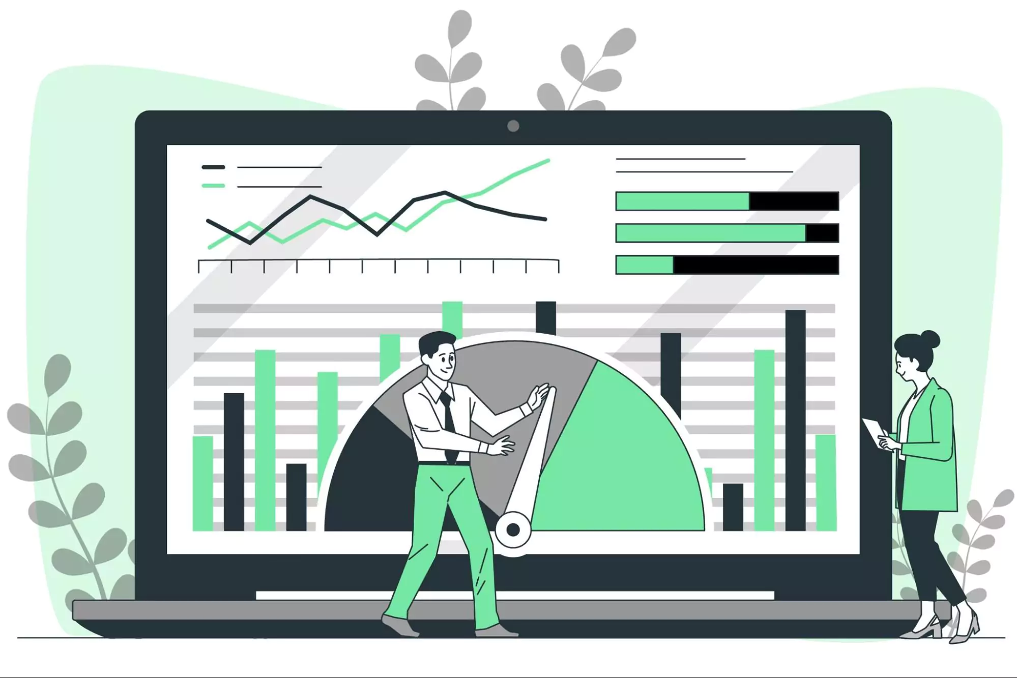 Illustration of small business owners tracking their expenses in software.