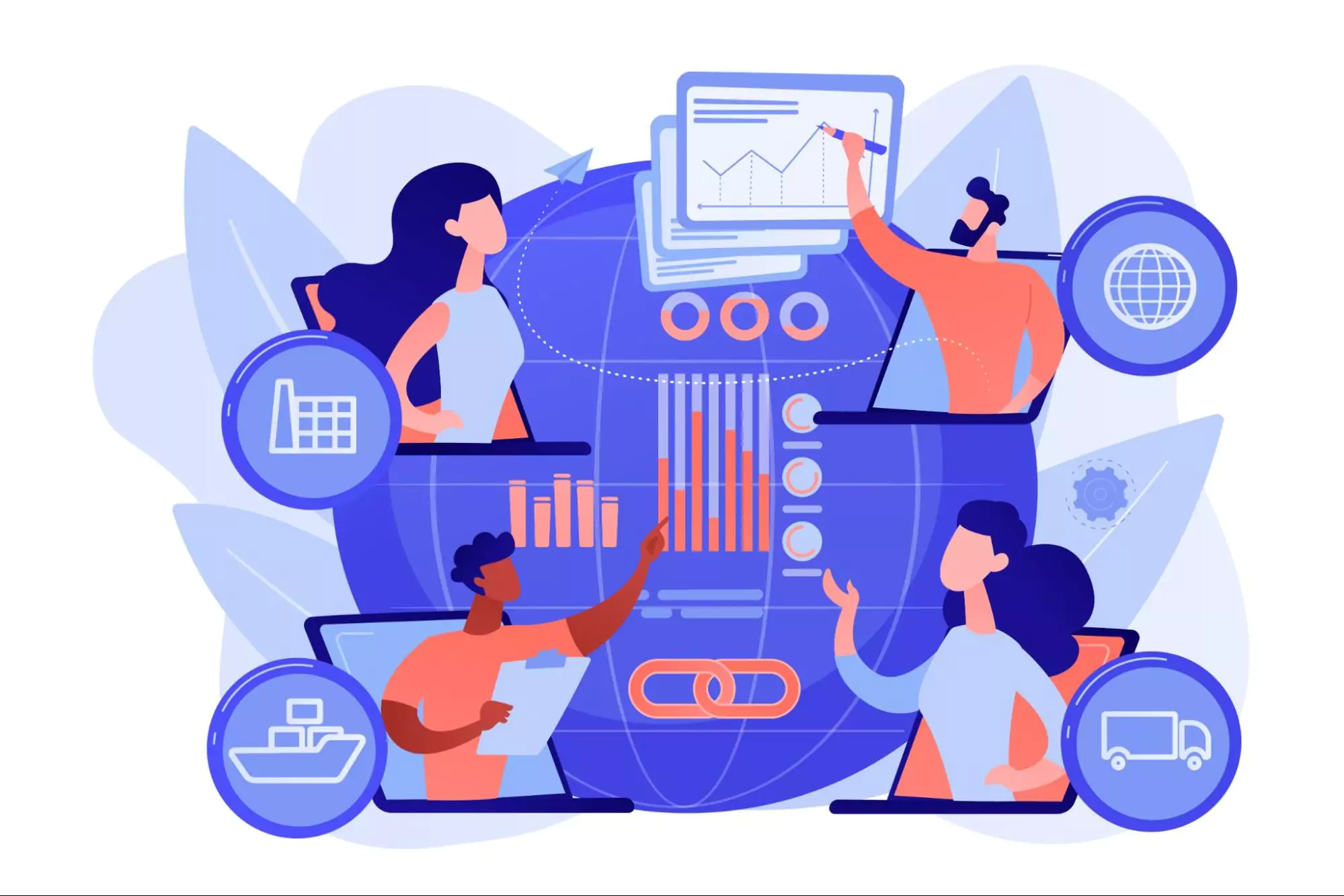 Illustration of four team members collaborating remotely on the same project.
