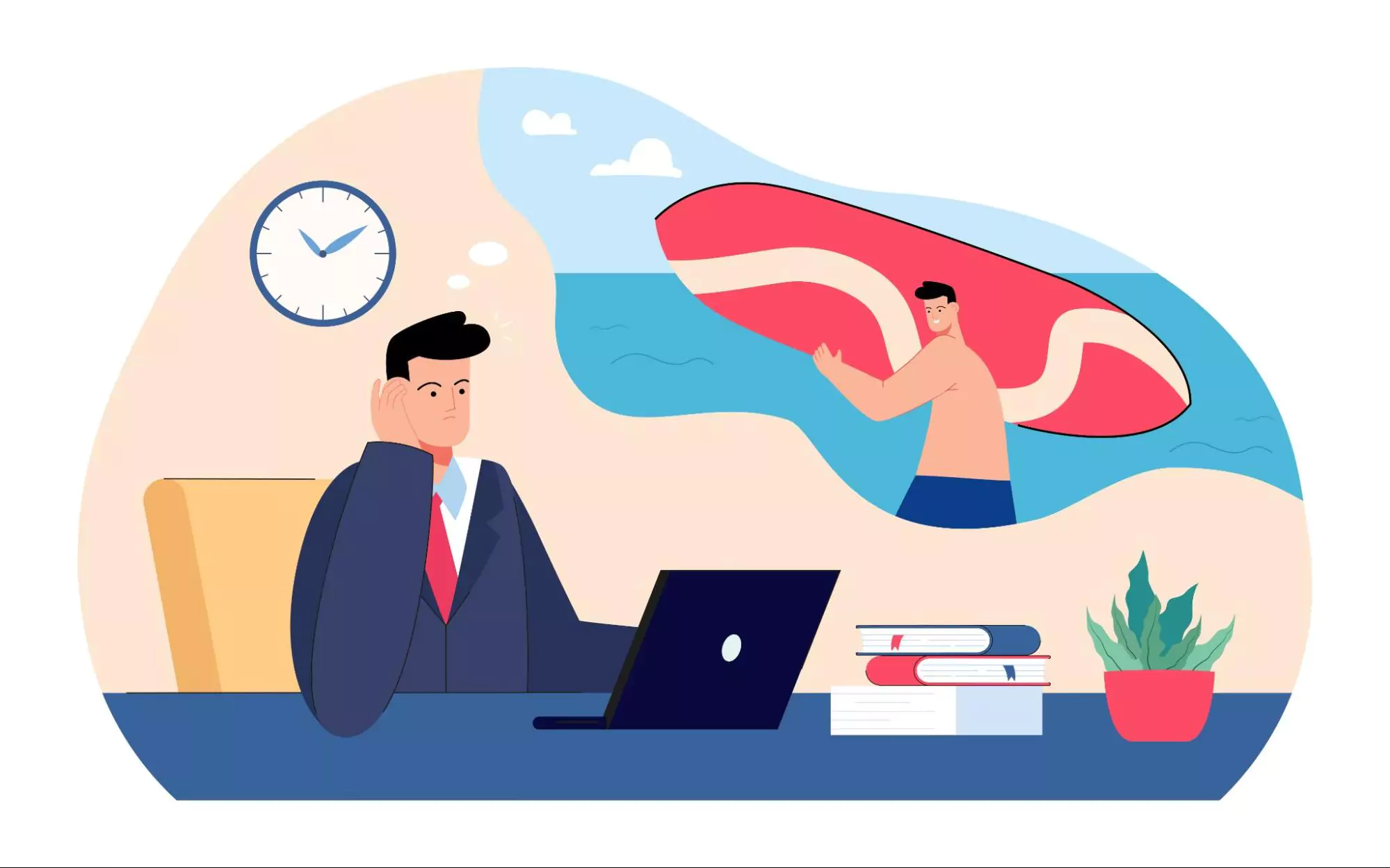 Illustration of a burned-out businessman sitting in front of a laptop, imagining a holiday as part of a health and wellness program.