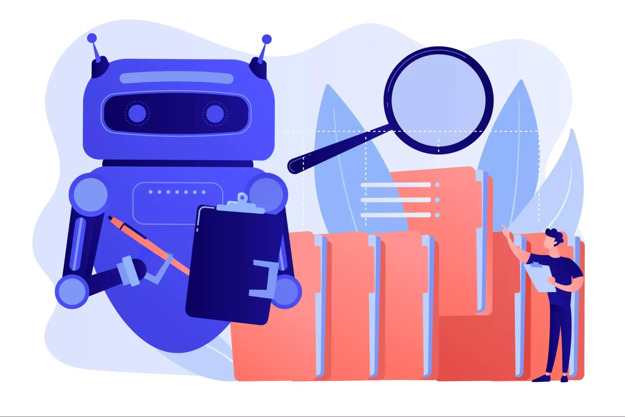 Illustration of a large blue robot holding a clipboard and pencil, standing next to digital file folders and a magnifying glass, while a small human figure points at the folders, representing data analysis, AI-driven research, or robotic process automation.